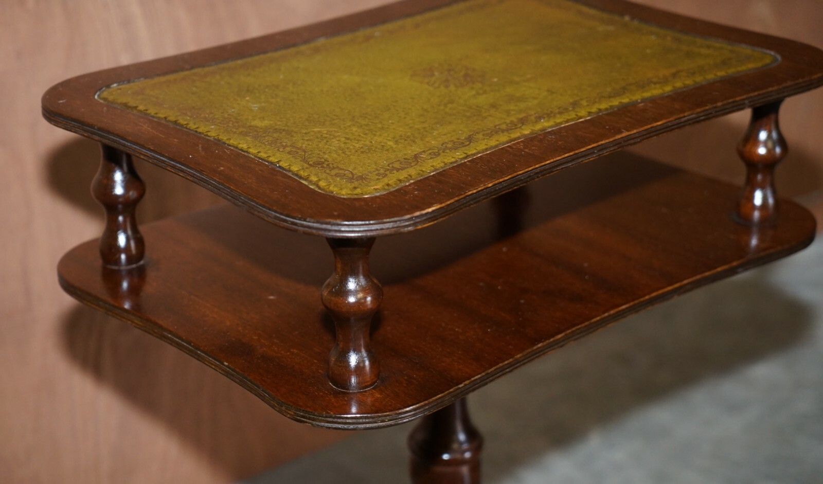 photo furniture Vintage Green Leather & Mahogany Tripod Magazine Newspaper Side End Lamp Table