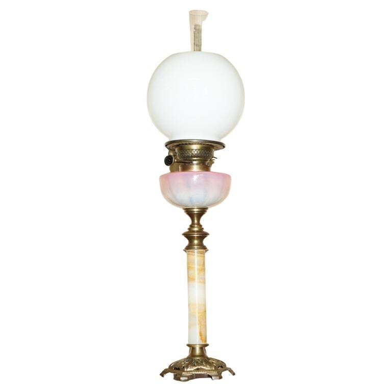 Anitique Onyx Base Victorian Oil Lamp Original Pearl Glass Finish Oil Dome