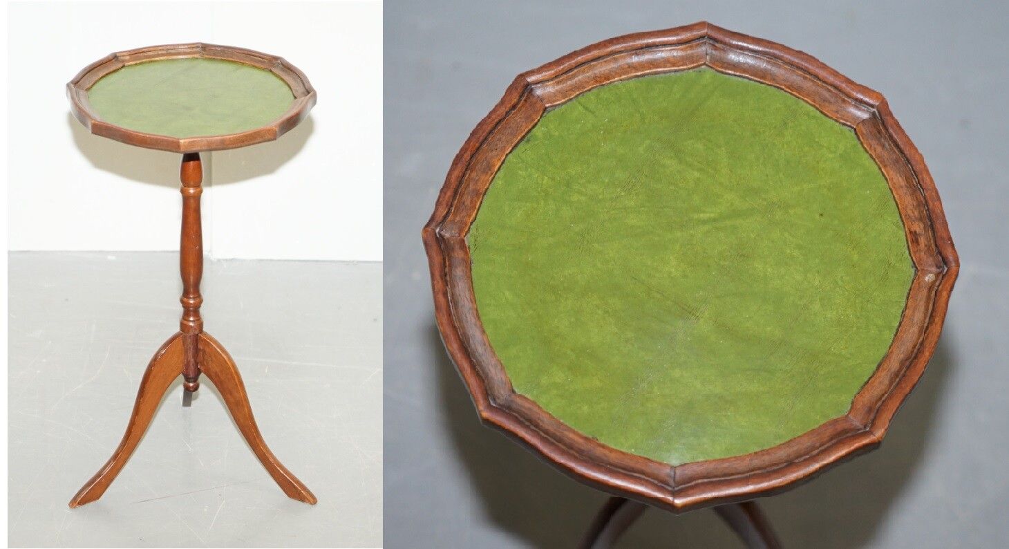 Bevan Funell England Green Leather Vintage Mahogany Tripod Lamp Side End Table photo furniture