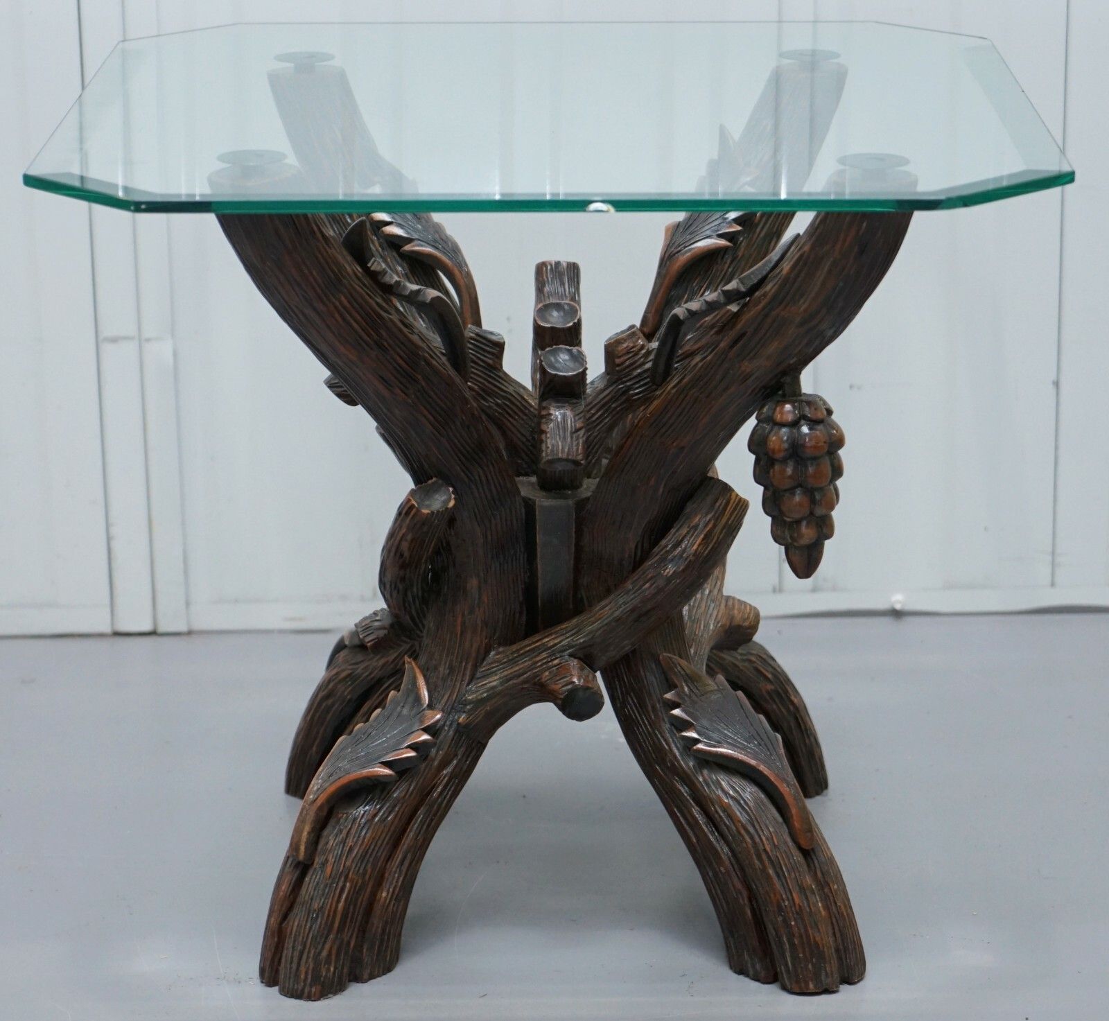 Black Forest Wood Carved With Leaved & Grapes Side Lamp End Wine Table Glass Top photo furniture