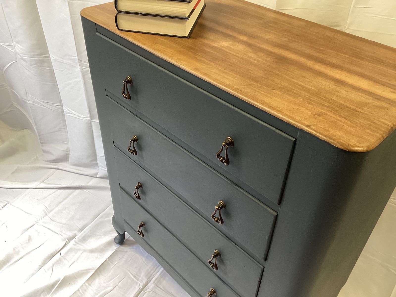 Vintage Lebus 4 Drawer Chest By Lebus Furniture With A Natural Wood Top And Brass Drop Handles photo for sale
