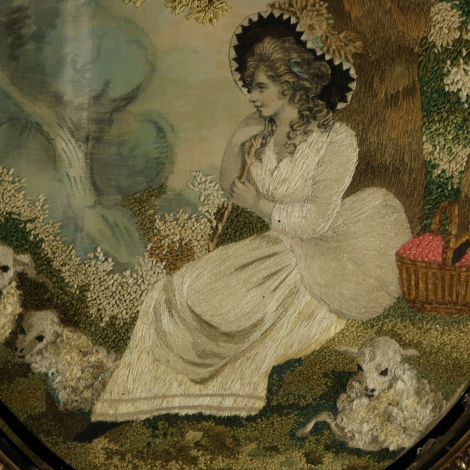 Textiles Pair Silkwork Embroidered Pictures Of Shepherd & Shepherdess photo