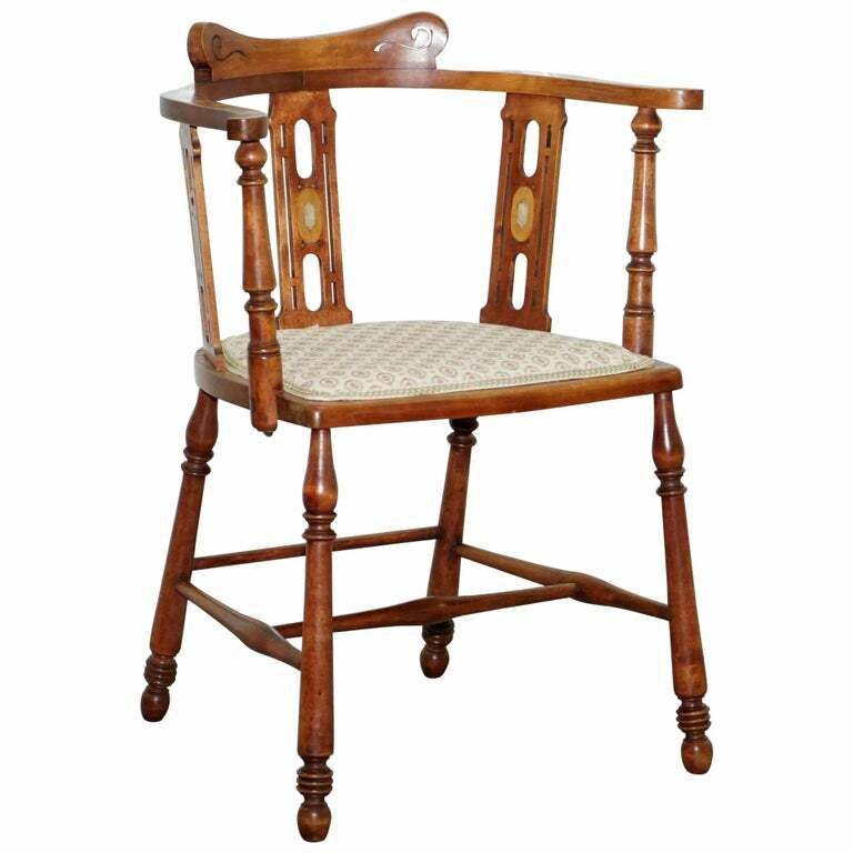 Stunning Edwardian Bow Back Walnut Chair Arts & Crafts Mother Of Pearl Inlay