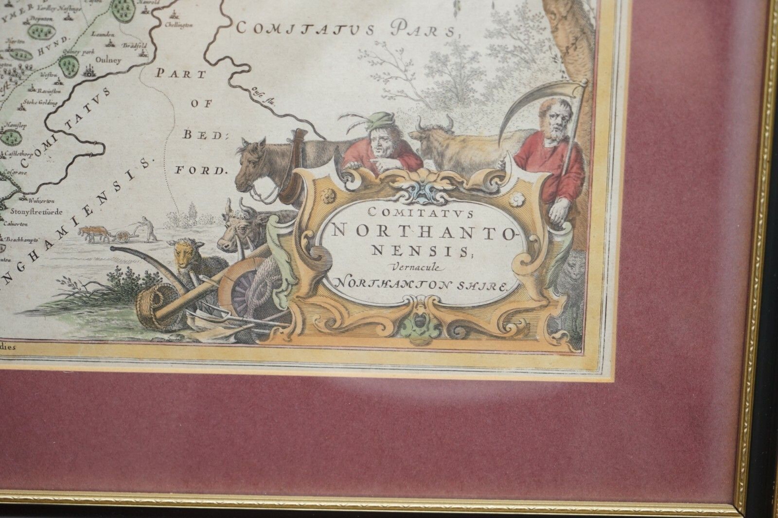 photo for sale Double Sided Northamptonshire 1645 Hand Coloured Antique Print Map Rare Find