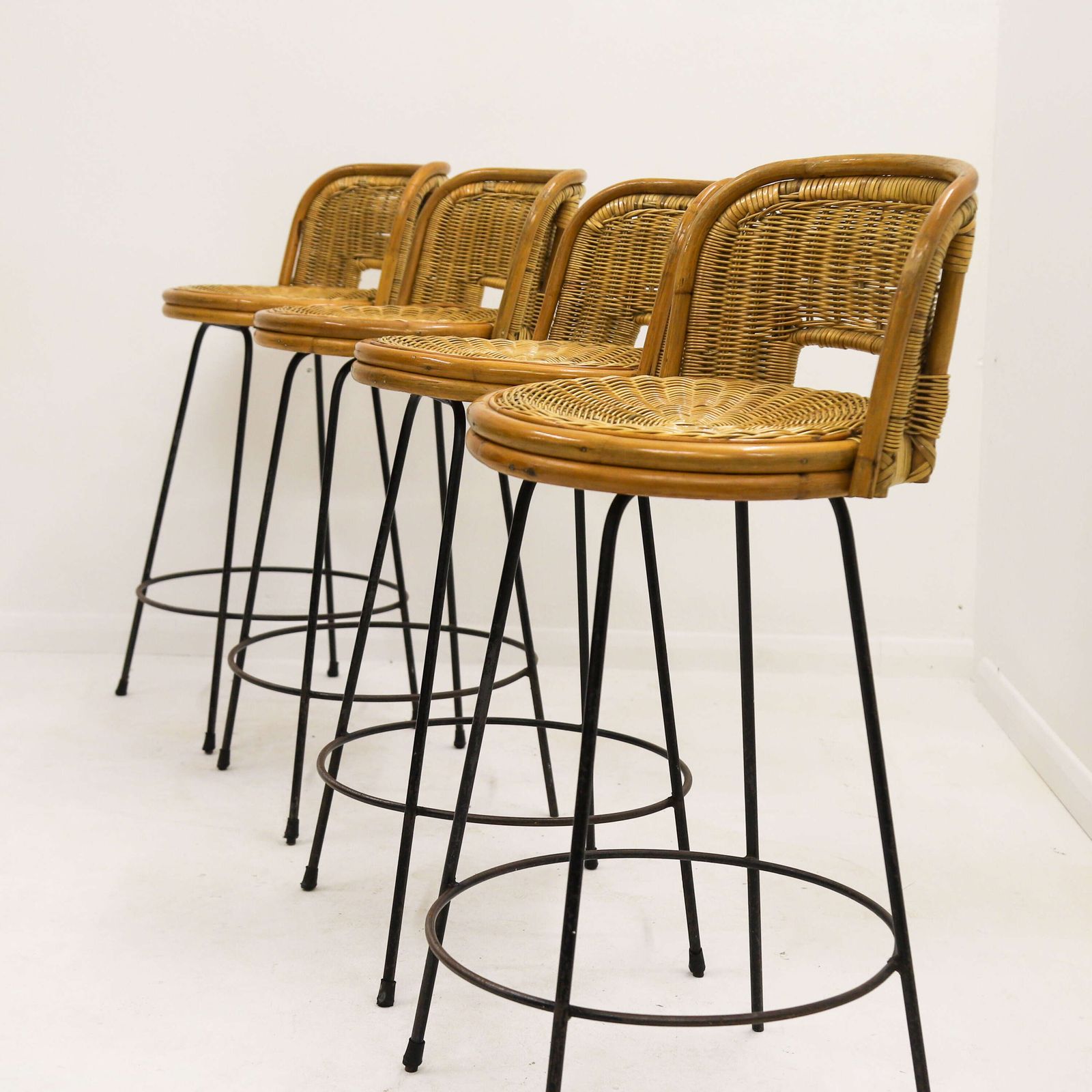 Set Of Four Mid‑Century Rattan Bar Stools   In The Manner Of Seng Of Chicago, C.1960s photo furniture