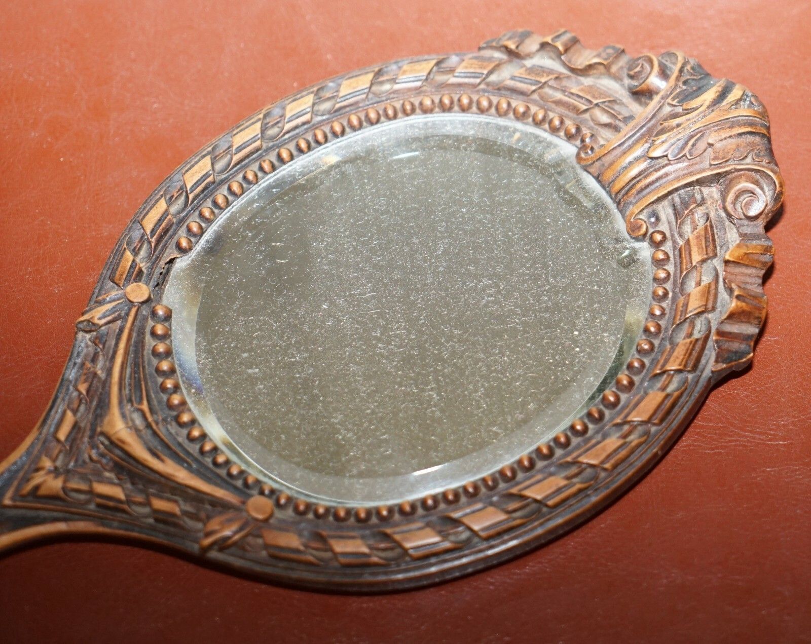 Stunning Antique Black Forest Hand Carved Wood Dressing Table Mirror Hand Held photo vintage