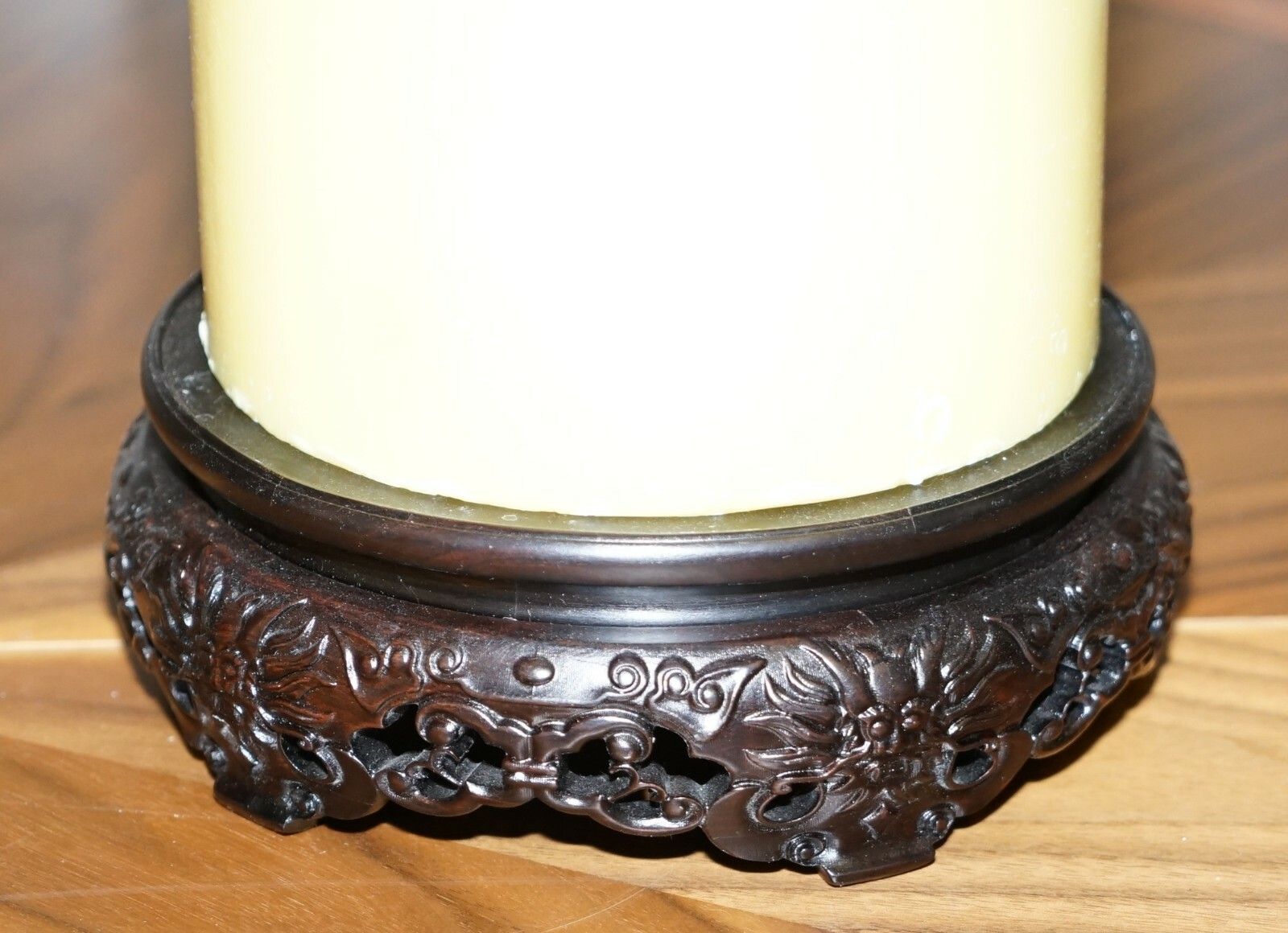 photo for sale Stunning Pair Of Very Large Vintage Chinese Church Candles With Carved Wood Base