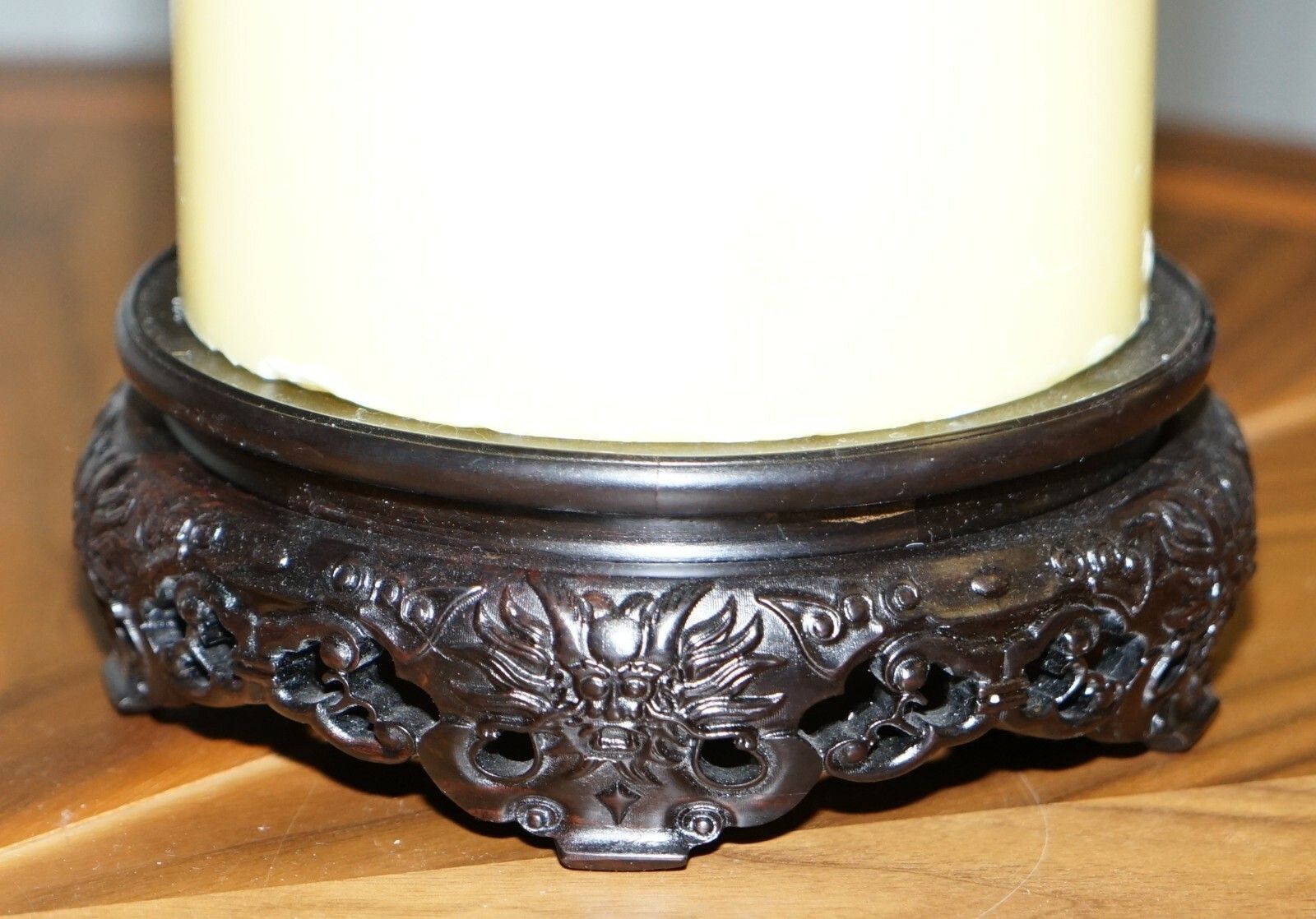 Home Decor Stunning Pair Of Very Large Vintage Chinese Church Candles With Carved Wood Base photo