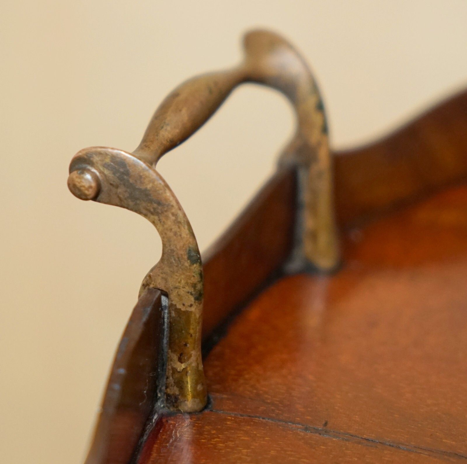 Antique Circa 1880 Sheraton Revival Satinwood Walnut Serving Tray Bronze Handles photo vinterior