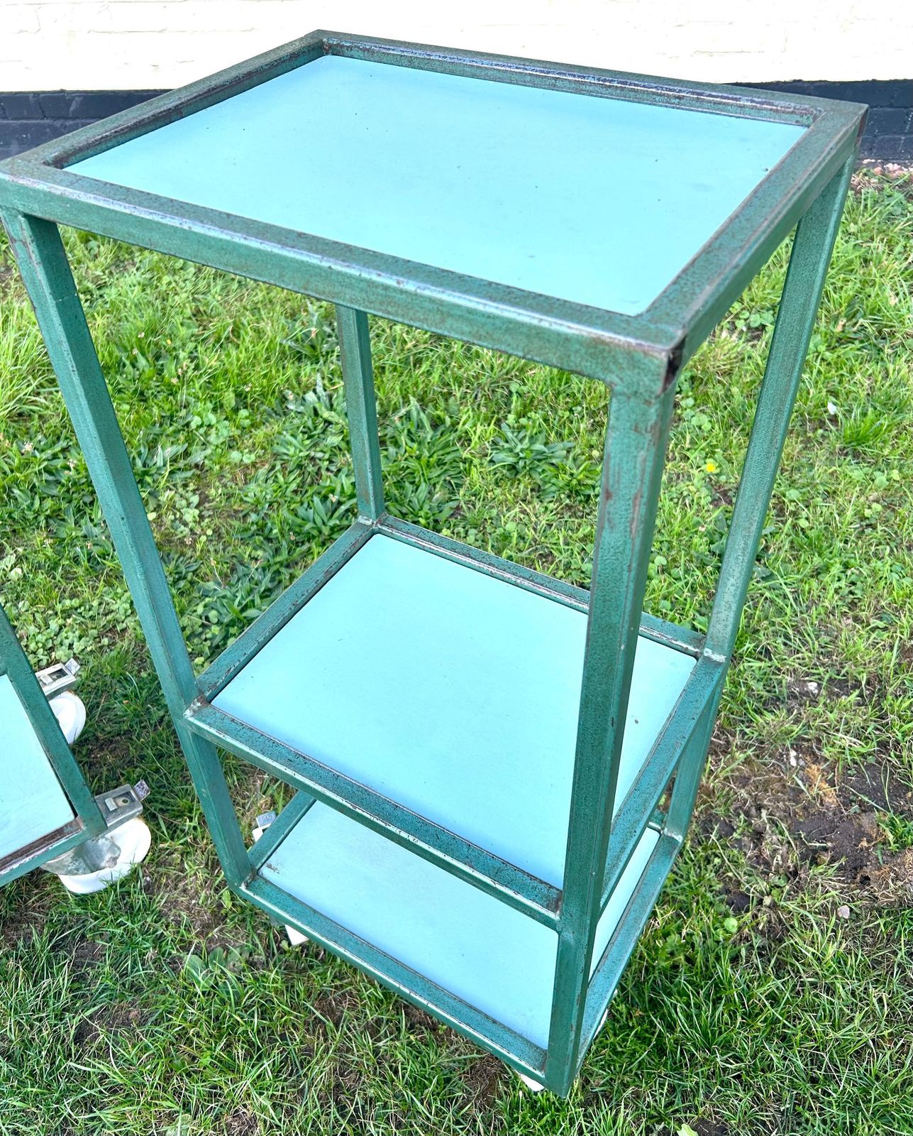 Pair Of Industrial Factory Blue Shelving Unit Trolley Cabinet Storage Metal Vintage Antique Bathroom Rack Retro Drinks Side Bedside Table photo 320.0