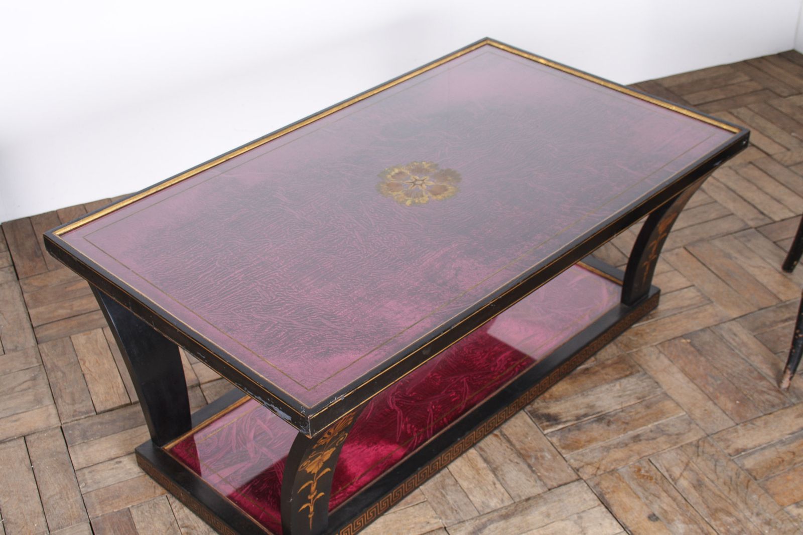 Vintage Italian Glass Top Coffee Table Ebonised Gilt With Crushed Velvet Versace Cloth