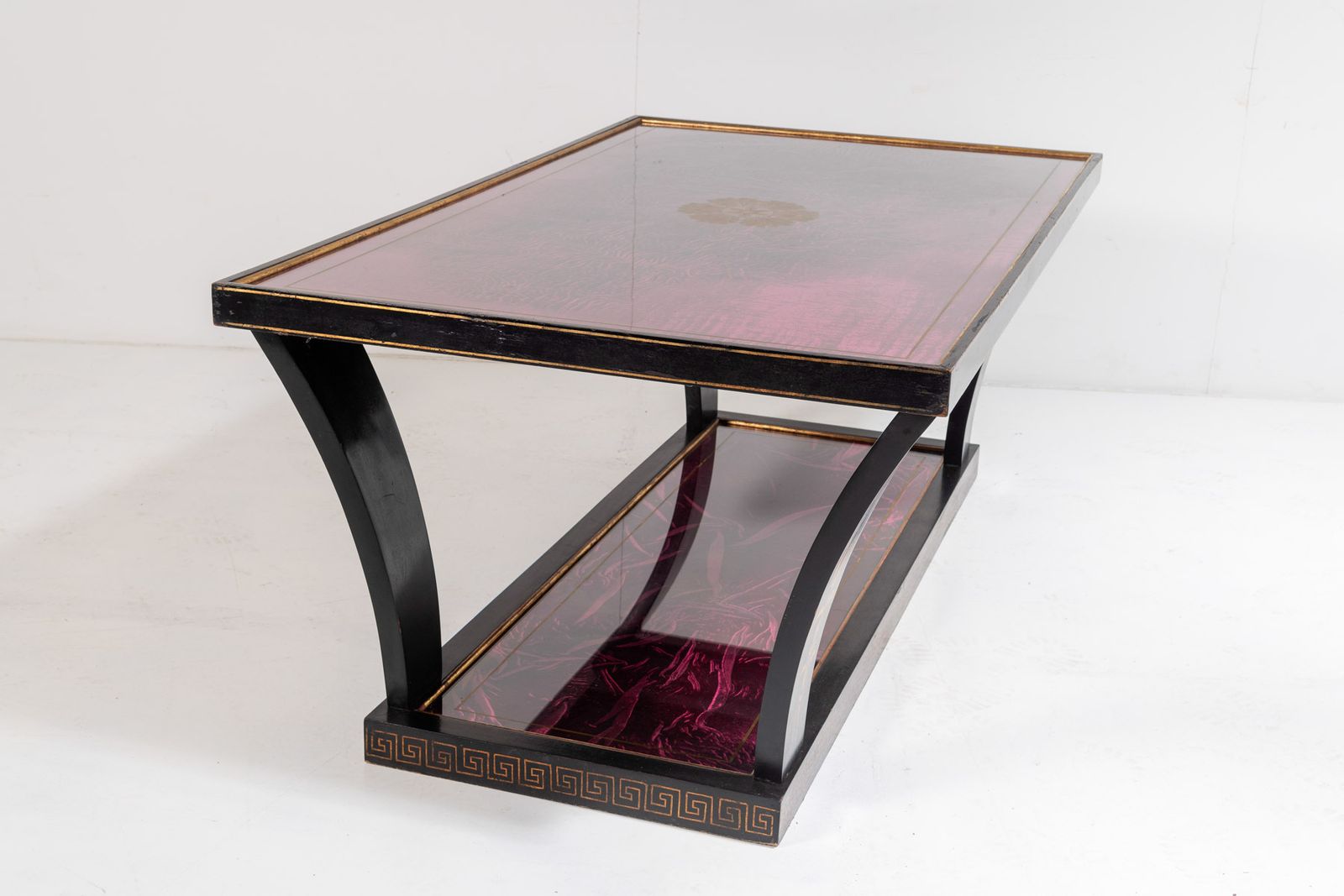 photo buy Vintage Italian Glass Top Coffee Table Ebonised Gilt With Crushed Velvet Versace Cloth