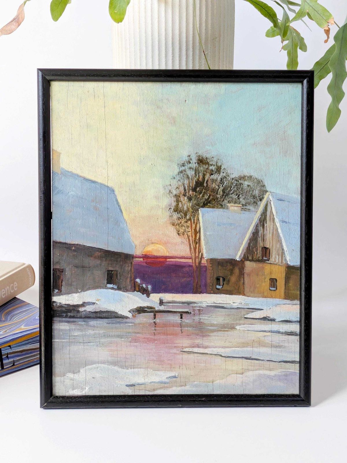 Vintage Winter Landscape Oil Painting, Framed Countryside Scene, Rustic Farmhouse Wall Art, Holiday Decor photo furniture