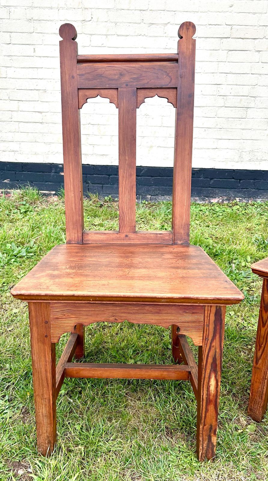 Pair Of Pitch Pine Gothic Antique Chapel Church Chairs Vintage Altar Industrial Retro Kitchen Dining Old Wooden Wedding photo for sale