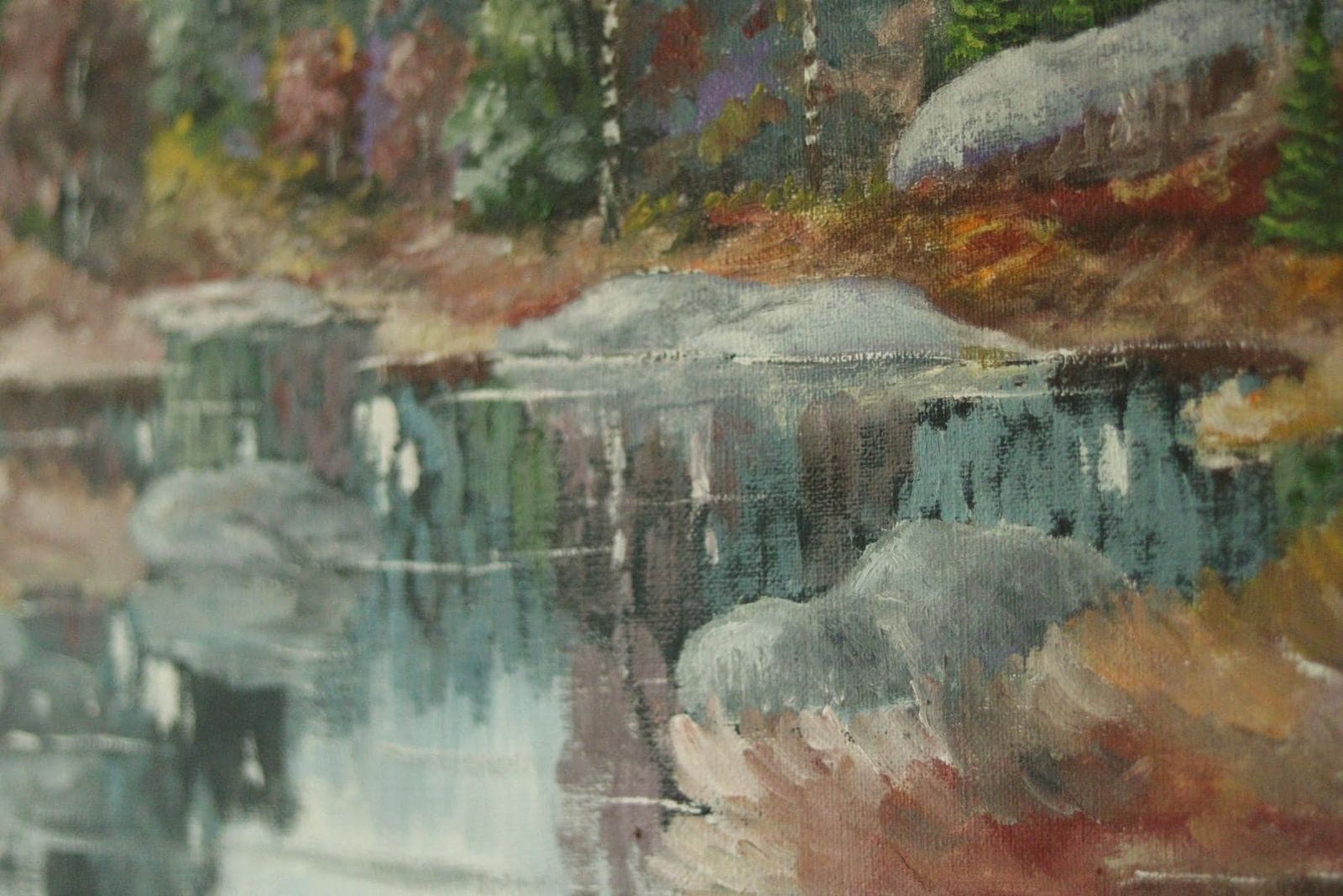 Original Swedish Mid Century Oil On Canvas – Autumn Lake View By T Koos –Vintage & Framed | 69 X 49 Cm(27x19 In) photo vinterior