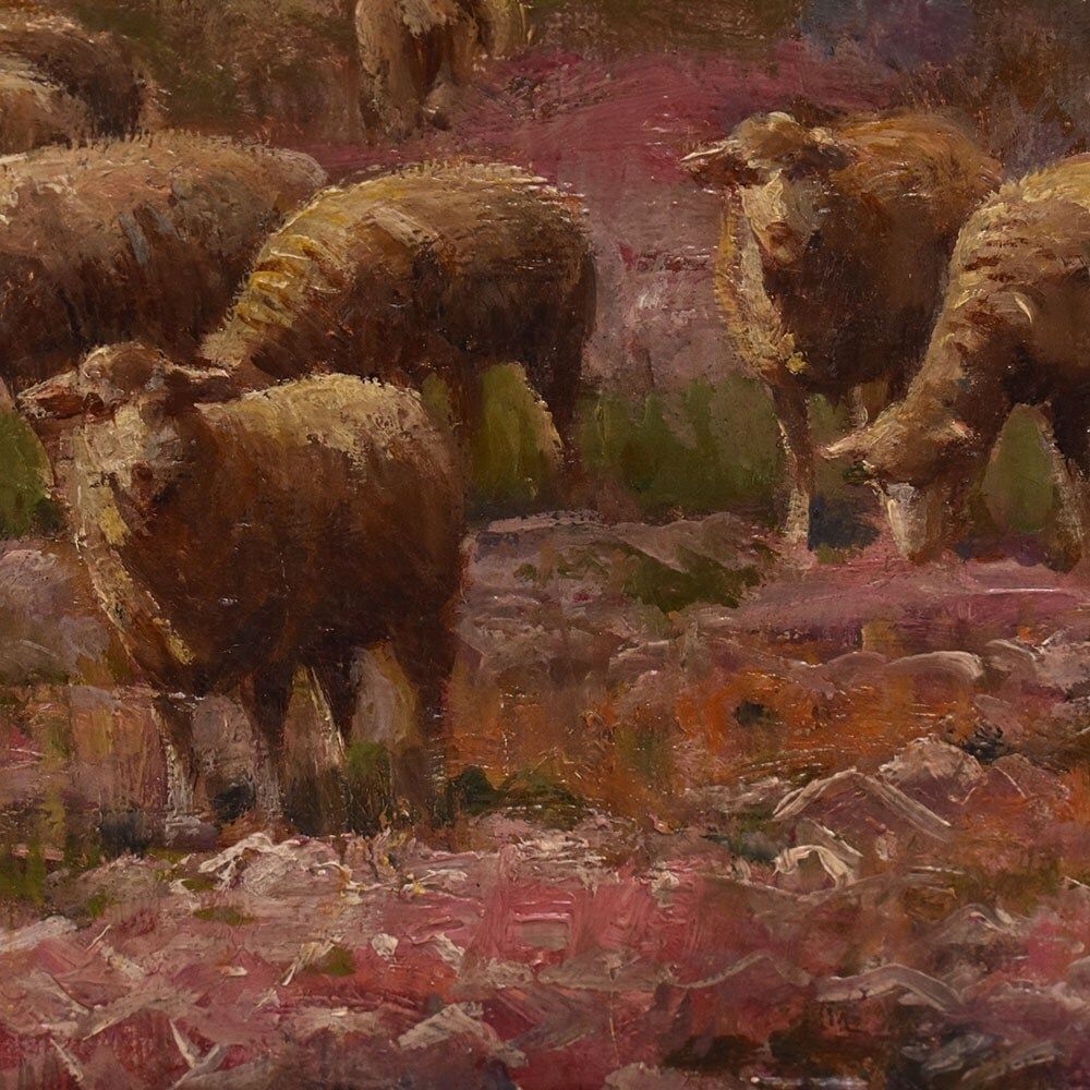 Antique Oil Painting, Landscape With French Moorland And Flock, XIX Century photo vintage