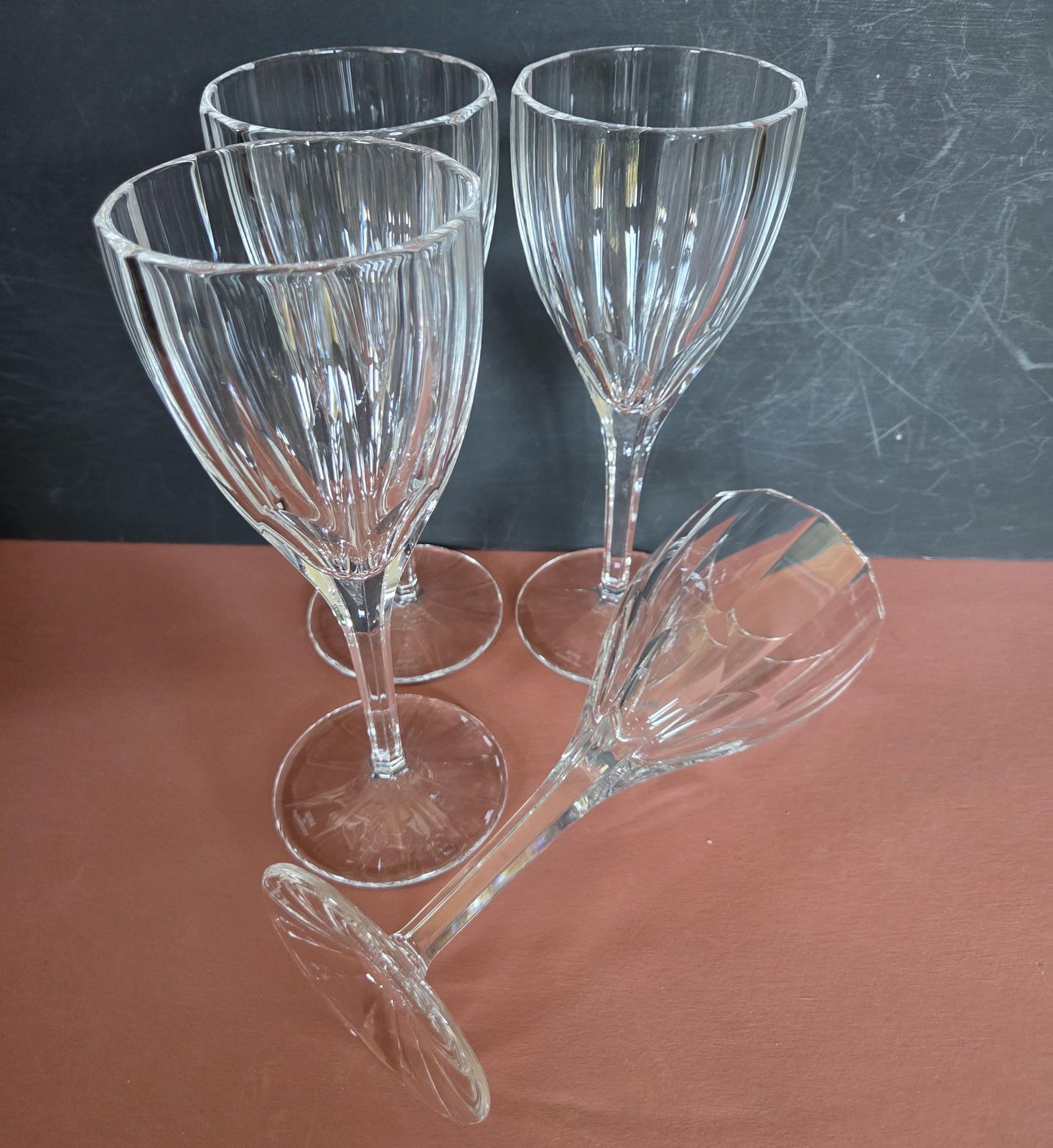 A Set Of 4 Vintage Stuart Crystal Large 8 Inch Wine Or Water Goblets In Ashbury Pattern, 1980s photo furniture