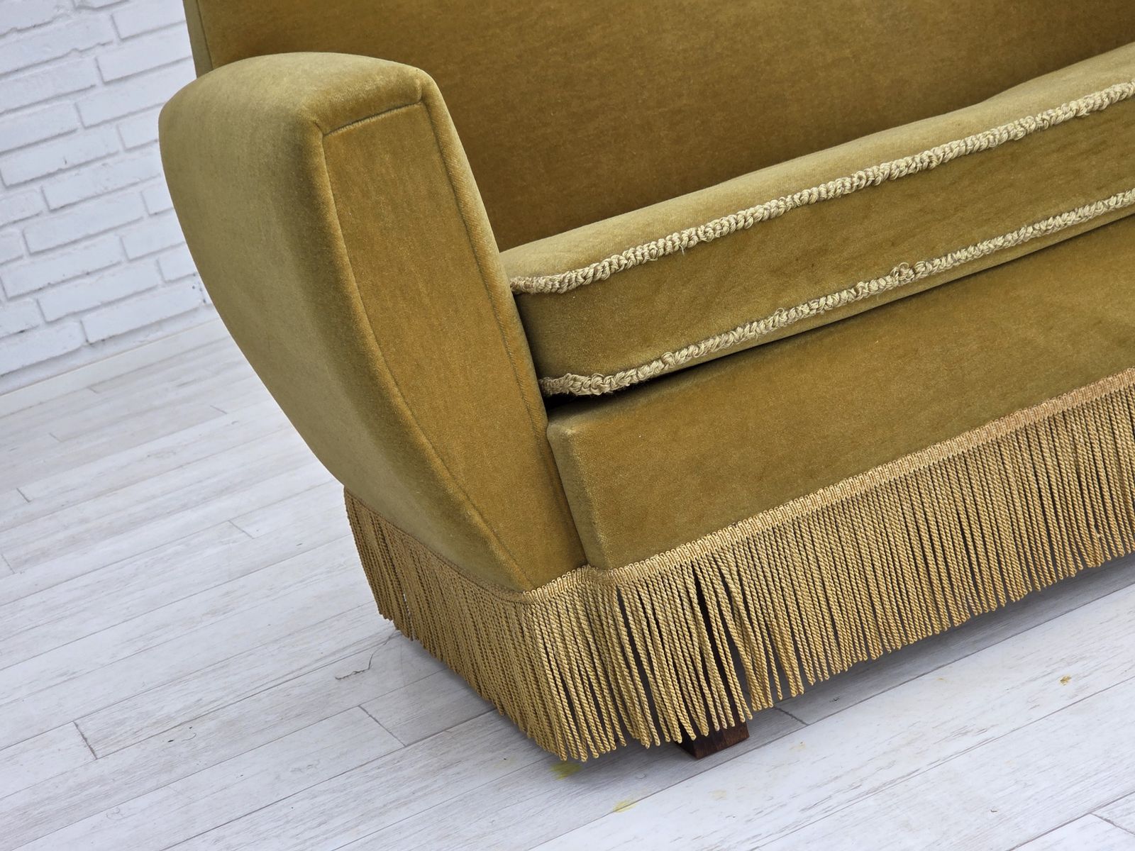 1970s, Danish 3 Seater Sofa, Original Light Green Furniture Velour. photo for sale