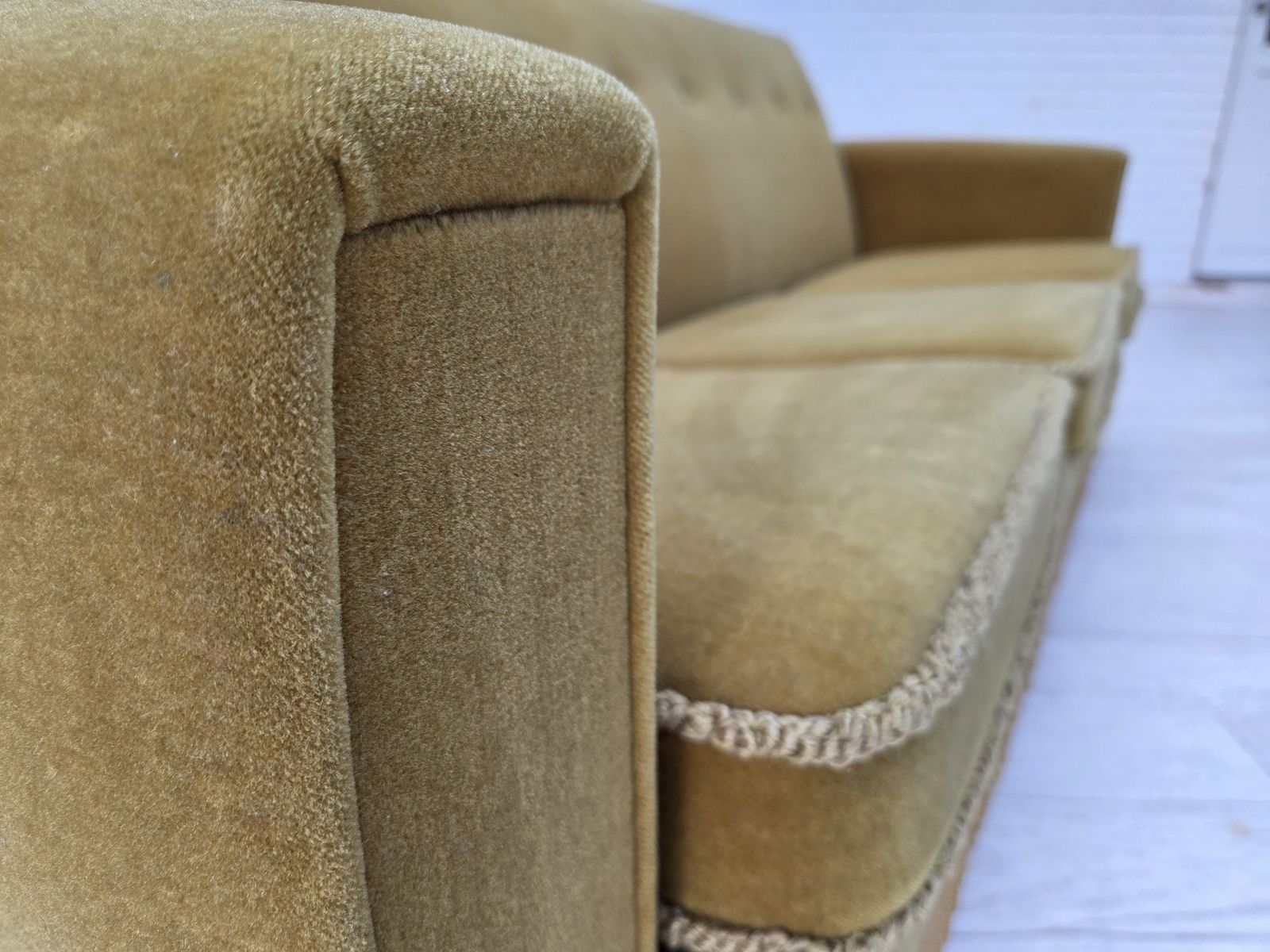 1970s, Danish 3 Seater Sofa, Original Light Green Furniture Velour. photo vinterior
