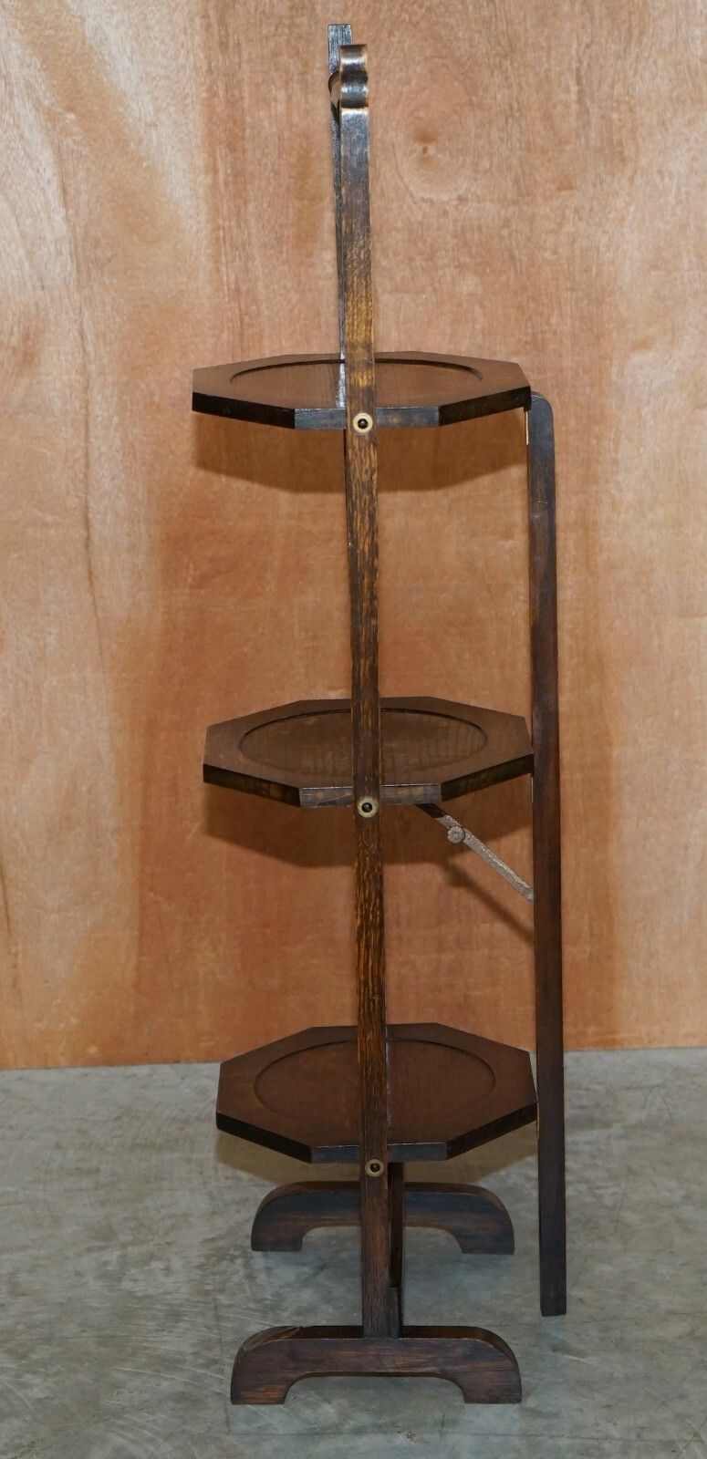 Circa 1900 English Oak Folding Whatnot Display Table Cake Stand Lovely Patina photo vintage