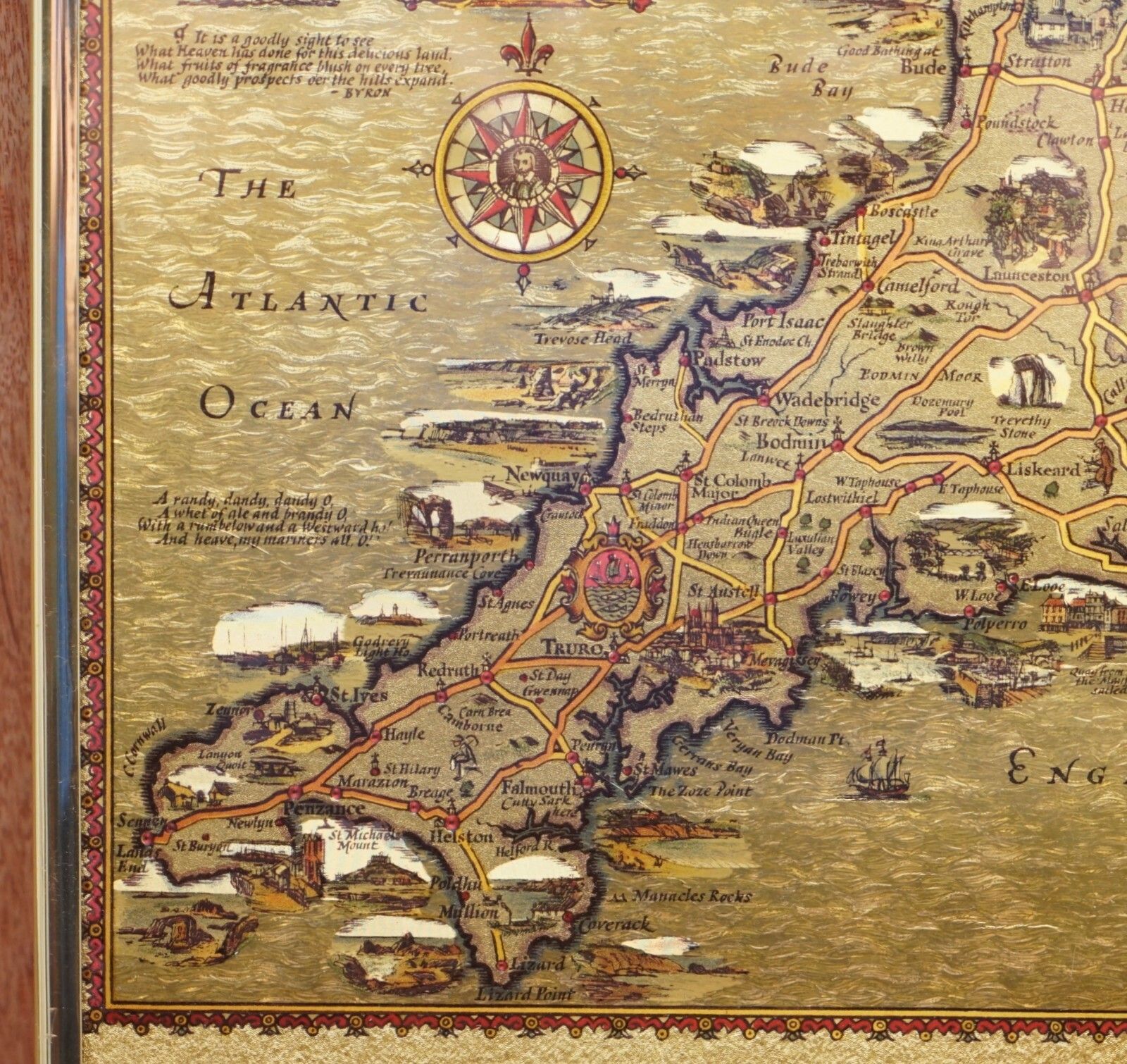 Gold Leaf Foil Pictorial Plan Map Of The West Country Of England Antique Style photo 200.0