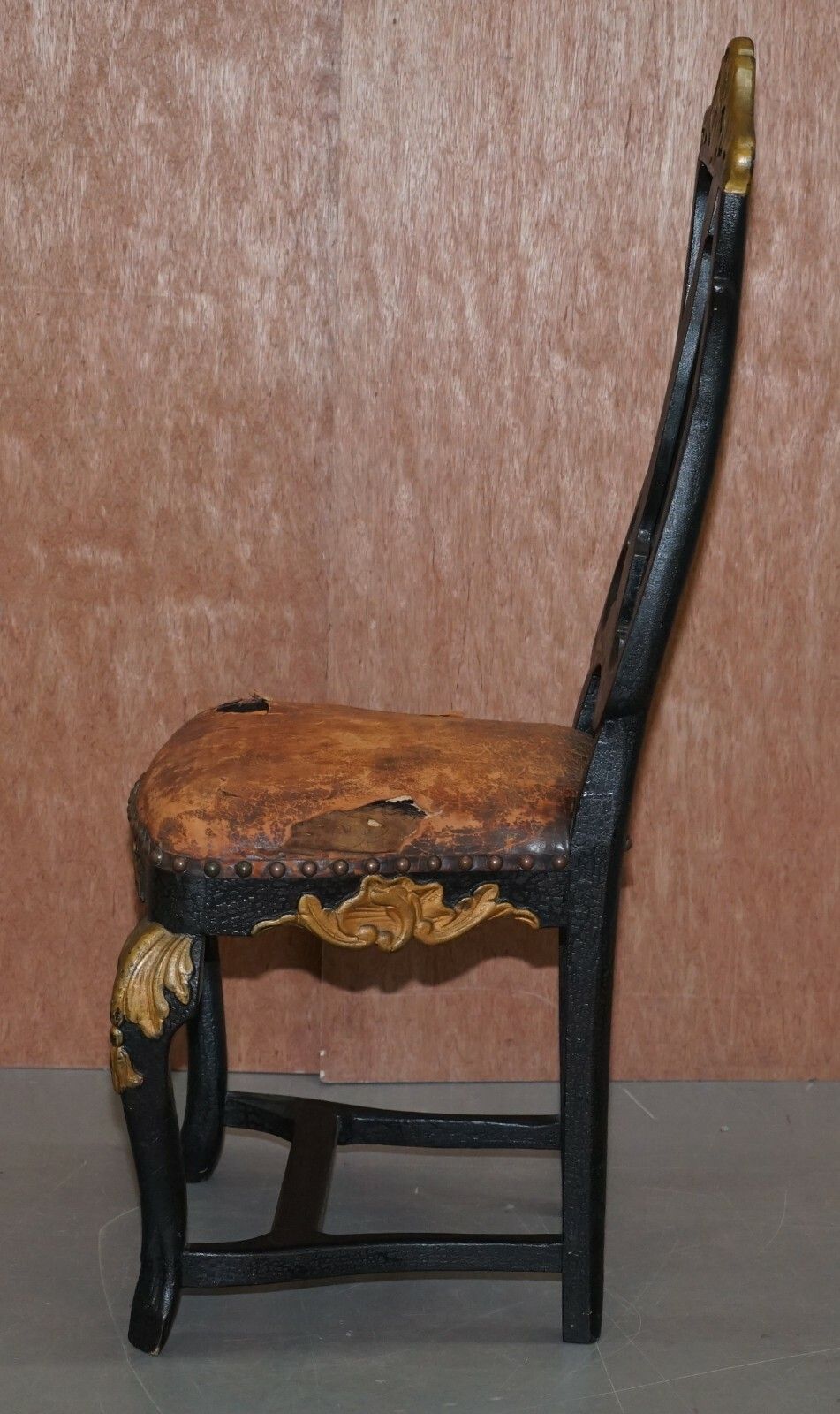 photo for sale Old Spanish Throne Occasional High Back Chair Period Distressed Paint & Leather