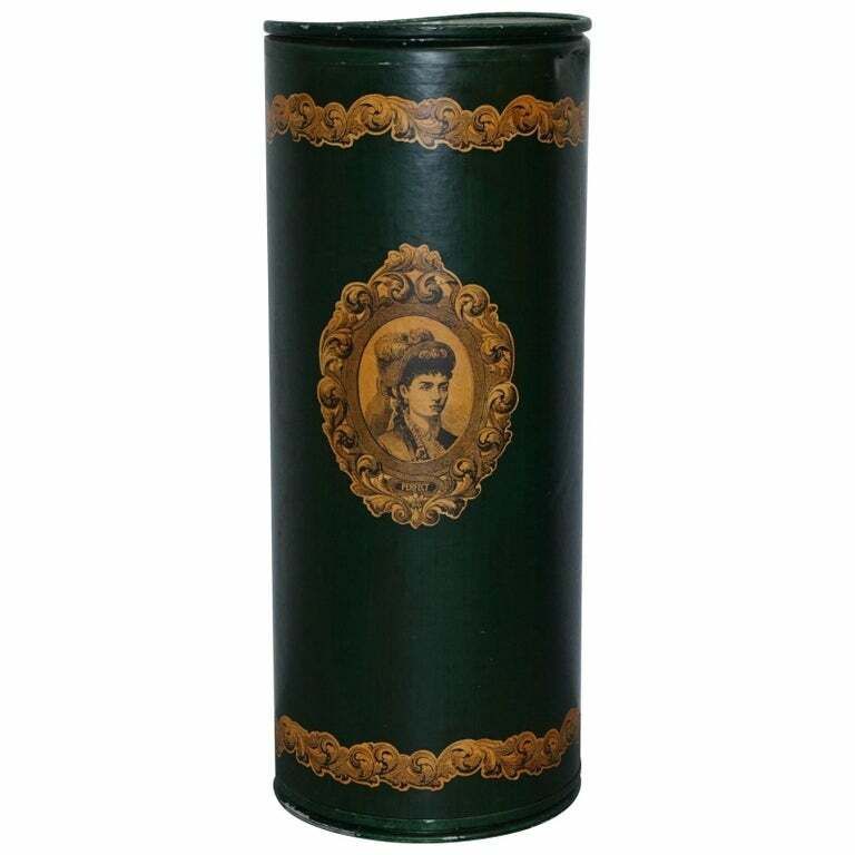 Large Irish Green Pedestal Drum Stand With Picture Of A Victorian Lady On
