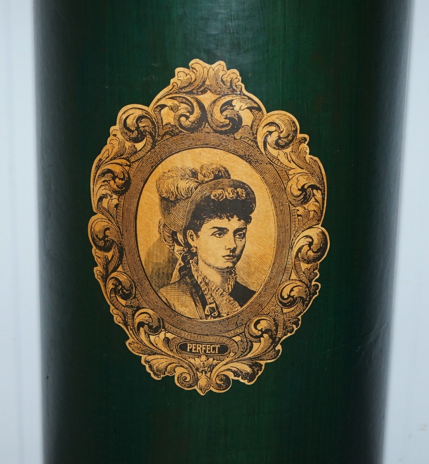 Large Irish Green Pedestal Drum Stand With Picture Of A Victorian Lady On photo furniture