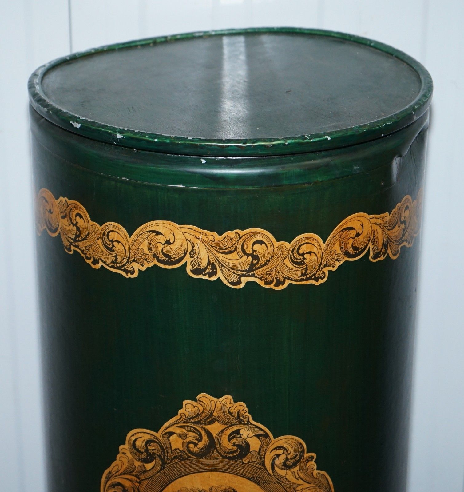 Large Irish Green Pedestal Drum Stand With Picture Of A Victorian Lady On photo for sale