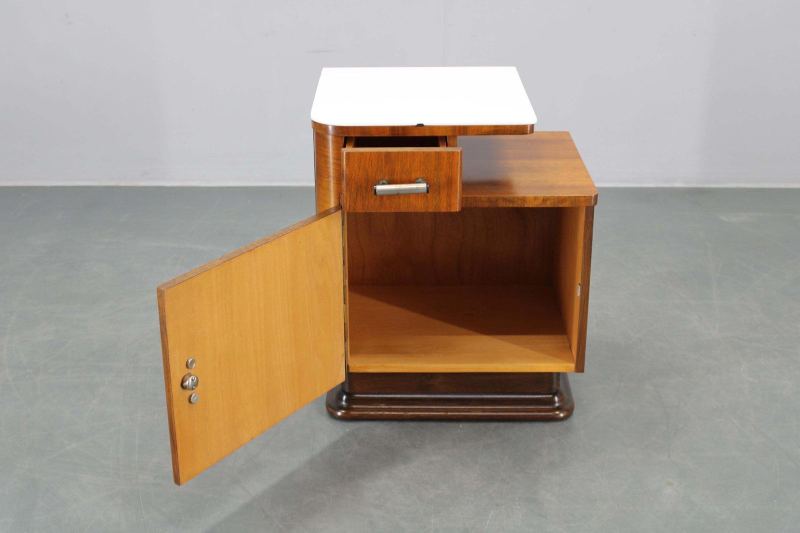 1940s Night Stand In Walnut Finish With Glass Top, Czechoslovakia photo Furniture