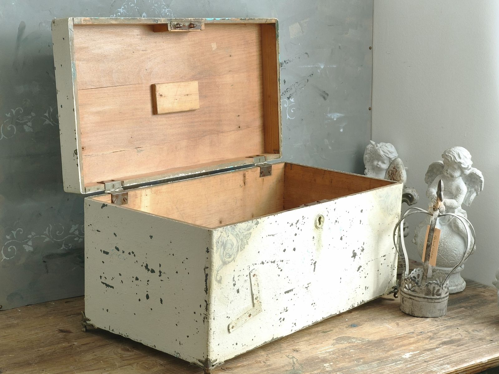 Antique Creamy Wooden Trunk Chest, Distressed Furniture photo buy
