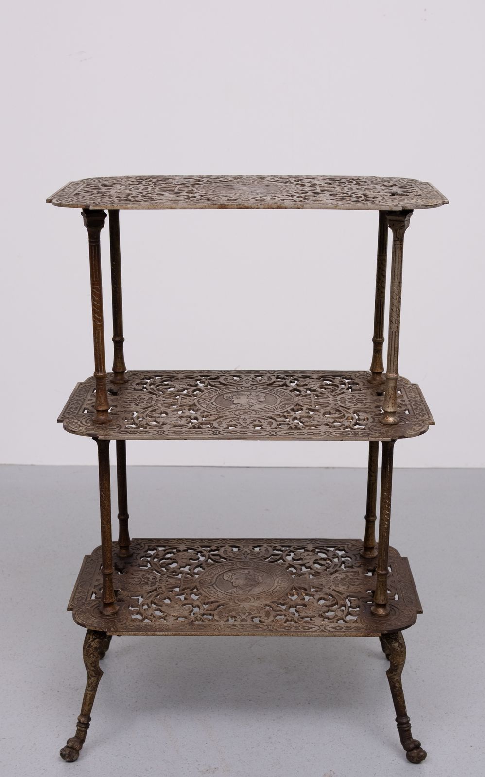 Antique Ornate Cast Iron French Brass 3 Tier Side Table.