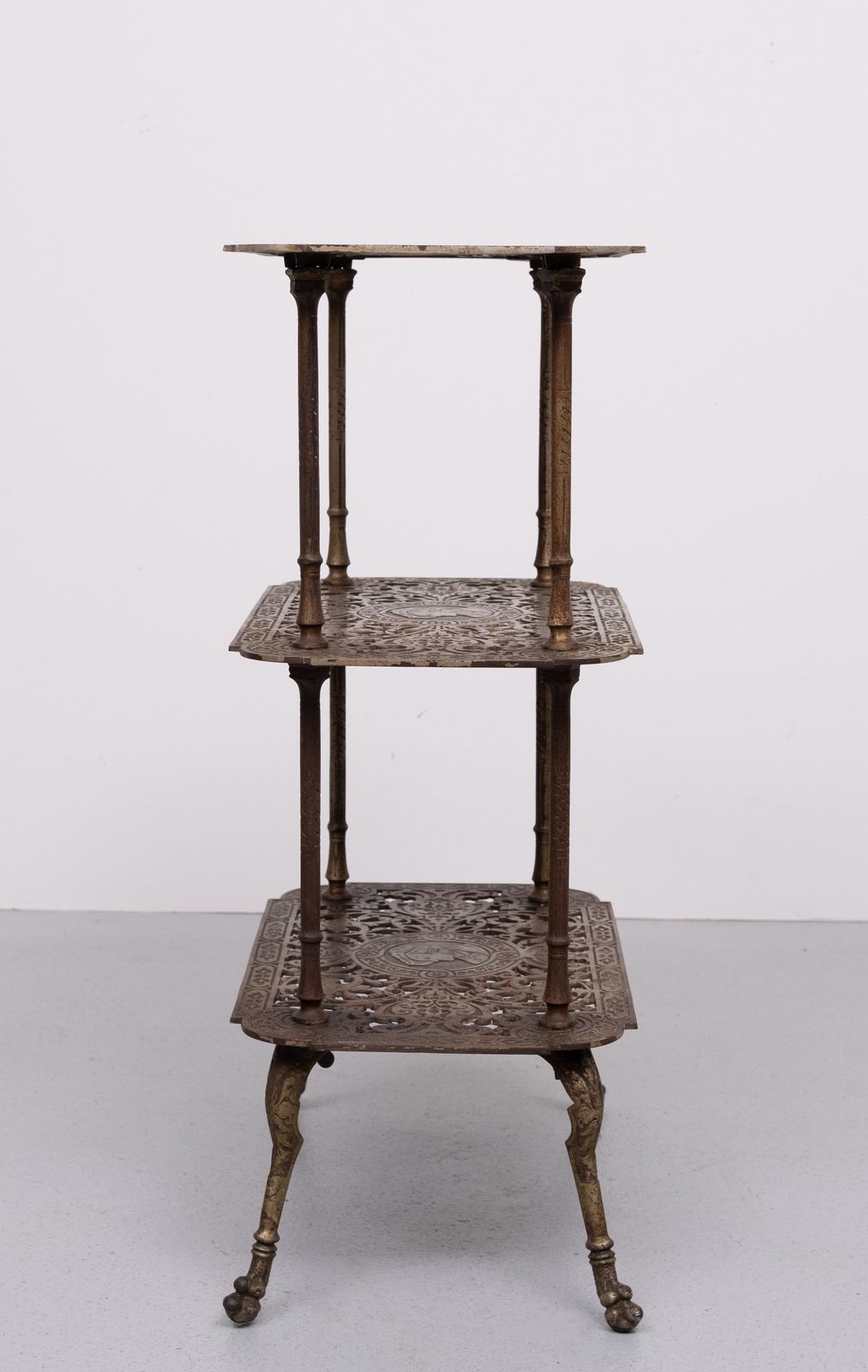 Antique Ornate Cast Iron French Brass 3 Tier Side Table. photo buy