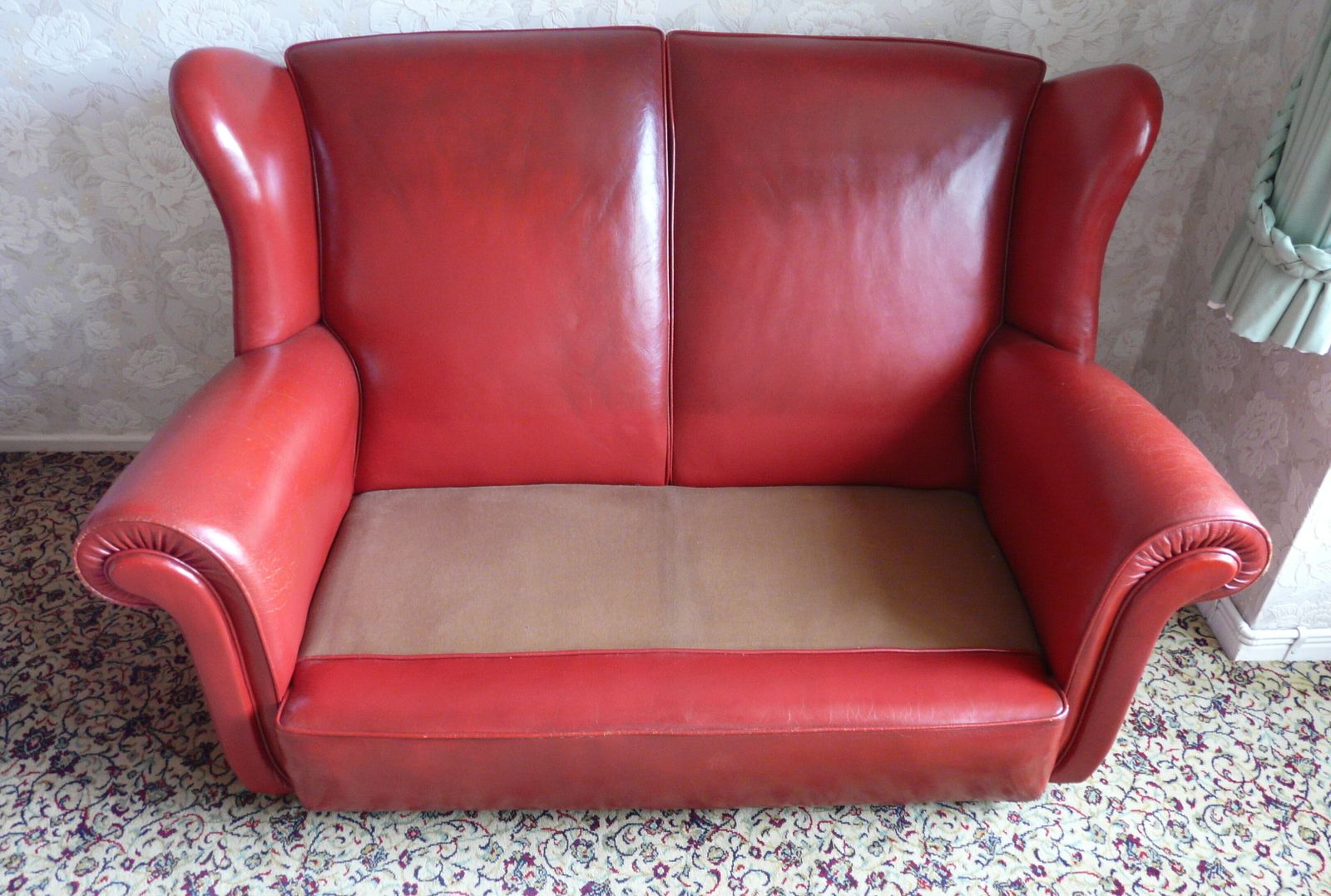 Red Leather Sofa And Two Matching Armchairs   Mid Century 3 Piece Suite photo for sale