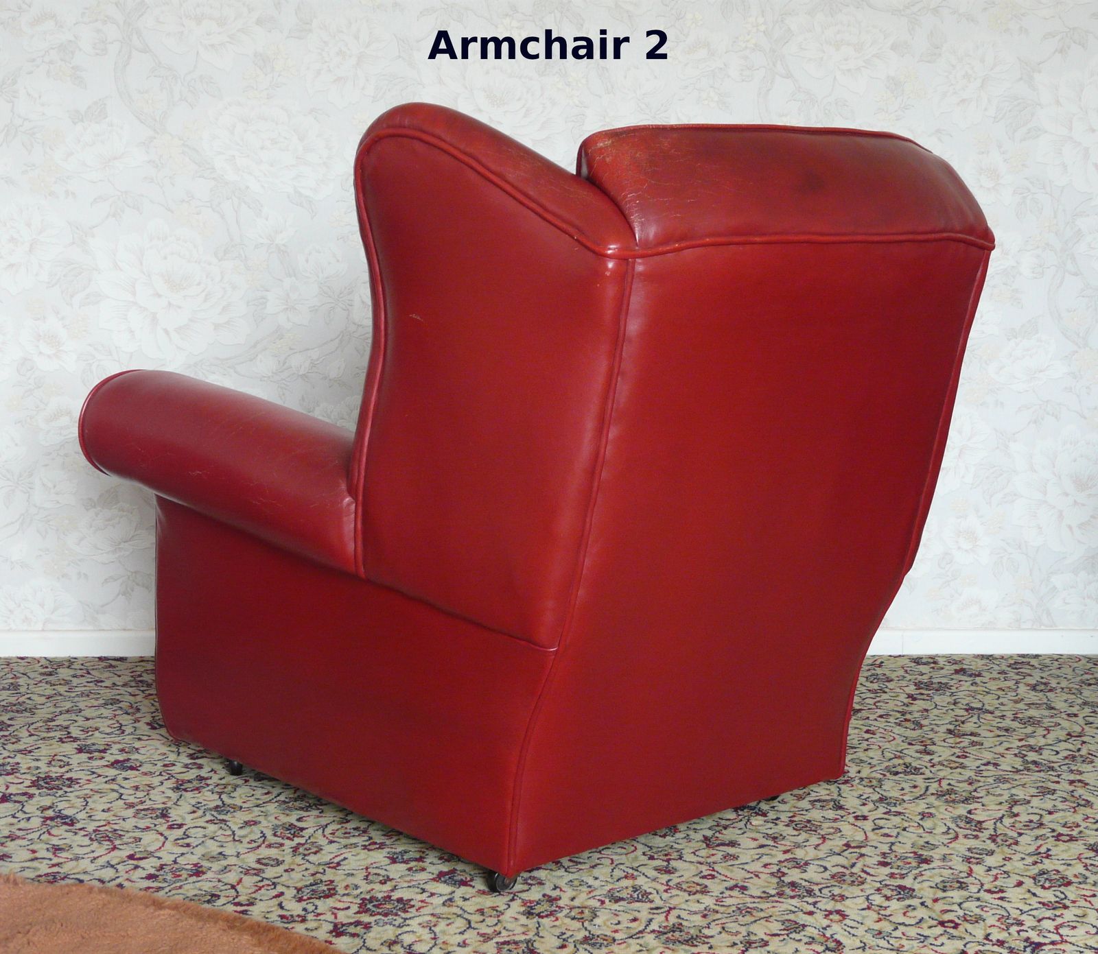 photo for sale Red Leather Sofa And Two Matching Armchairs   Mid Century 3 Piece Suite