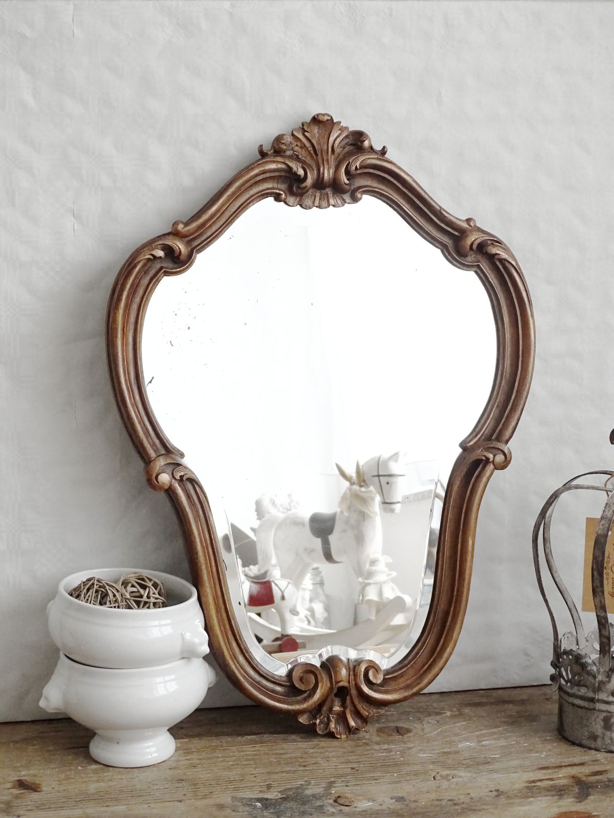 Antique Ornate Bevelled Wall Mirror In Carved Wooden Frame, Baroque Style