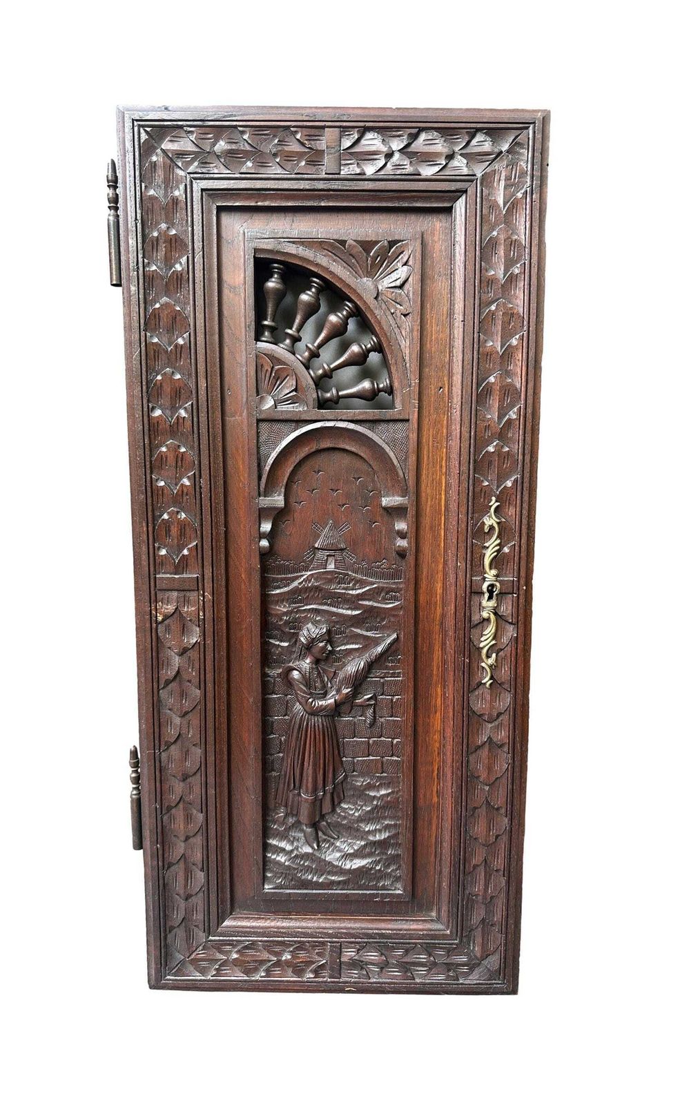French Breton Carved Oak Door, Woman With Distaff, Late 19thc/Early 20thc, Upper Cabinet Antique Panel