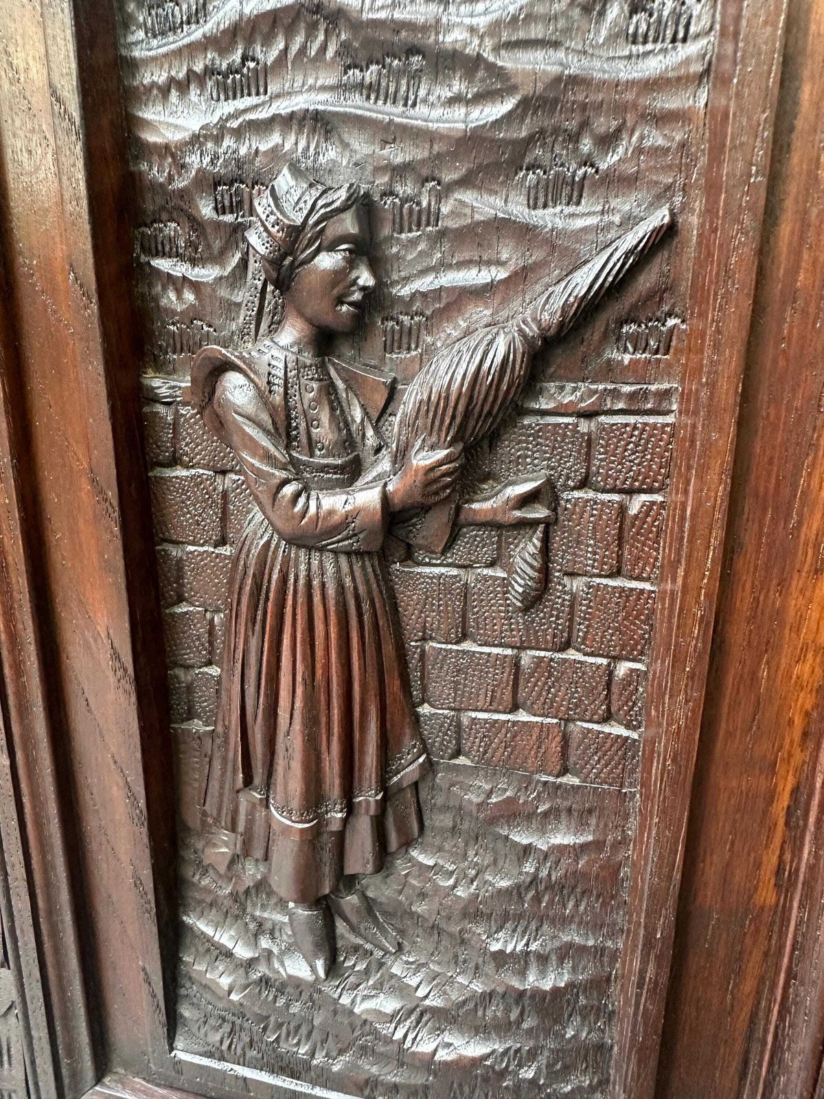 French Breton Carved Oak Door, Woman With Distaff, Late 19thc/Early 20thc, Upper Cabinet Antique Panel photo Home Fixtures