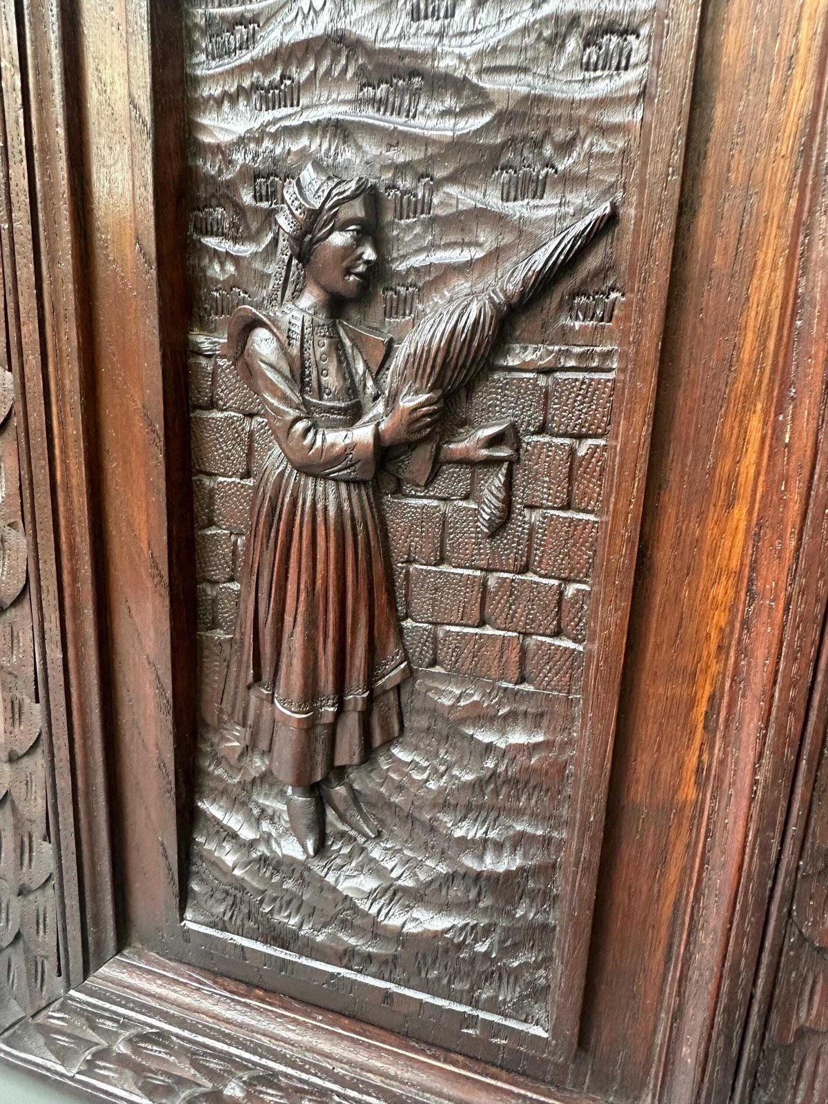 French Breton Carved Oak Door, Woman With Distaff, Late 19thc/Early 20thc, Upper Cabinet Antique Panel photo vintage