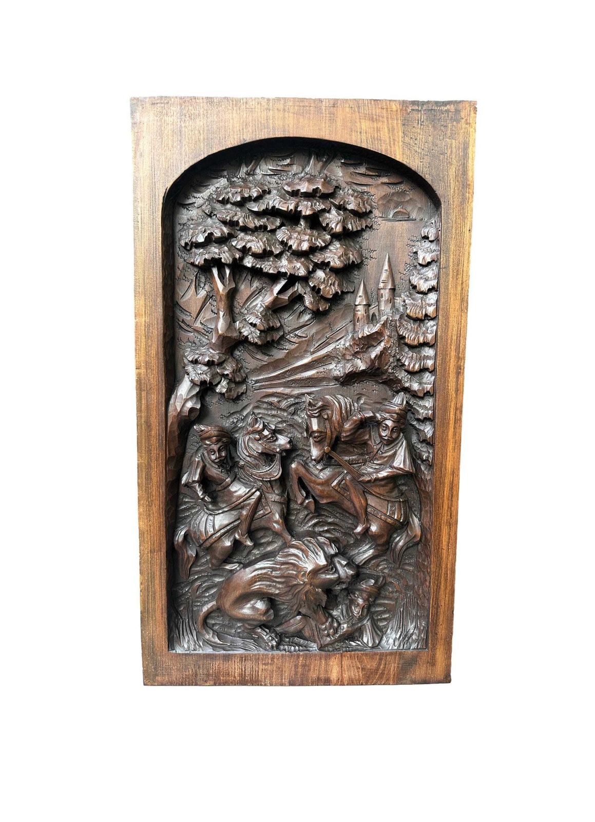 19th Century Carved Wood Panel – Dramatic Lion Hunt Scene – Orientalist Antique Wall Art 26,4"