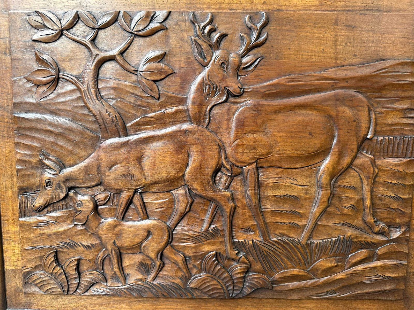 Large Art Deco Carved Walnut Panel   Woodland Scene Of Deer Family photo furniture
