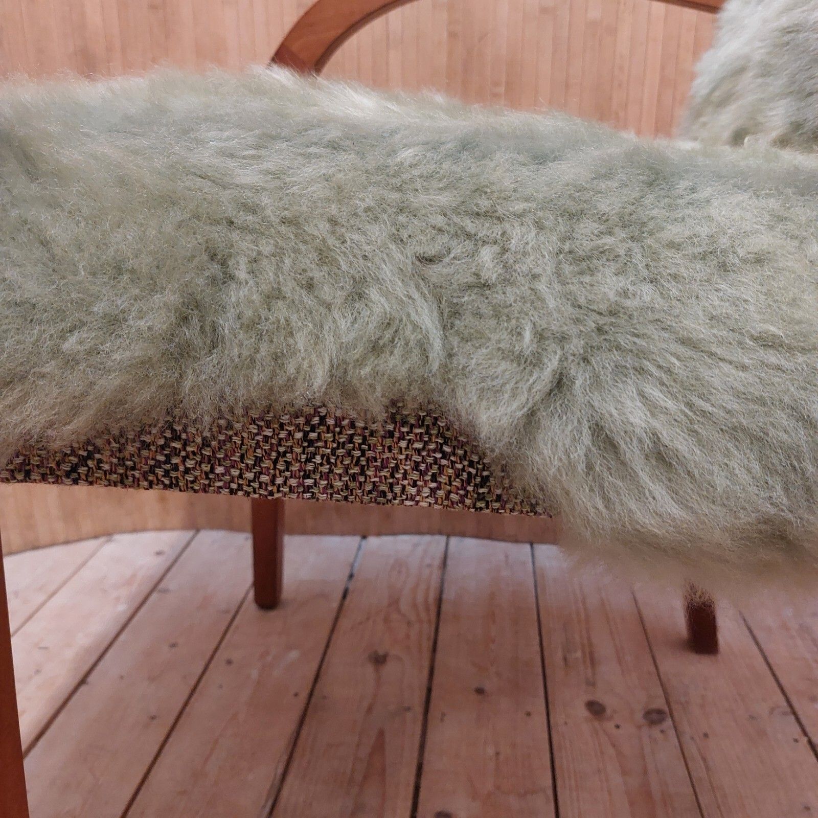 Fab Vintage Art Deco Style Beech Bentwood Bridge Chair Sage Green Sheepskin photo vinterior