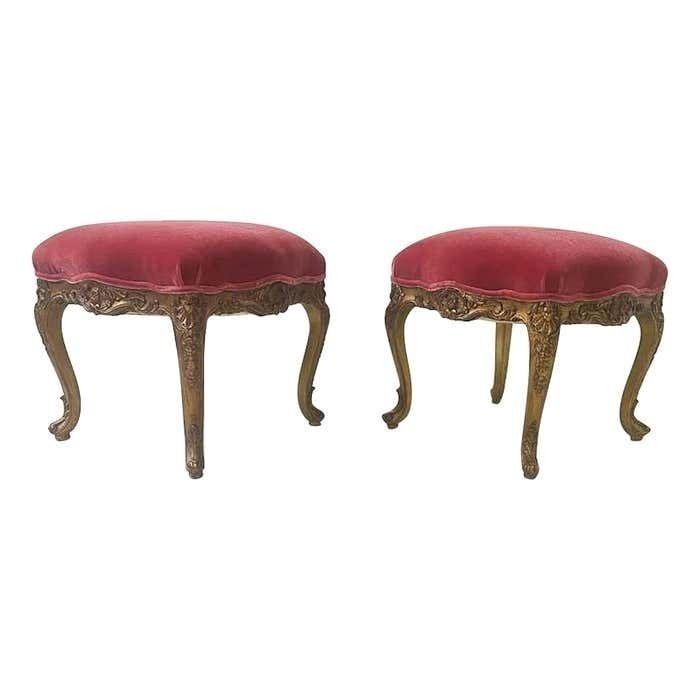 Contemporary Pair Of Stools Louis XV Style, Red Velvet, Belgium