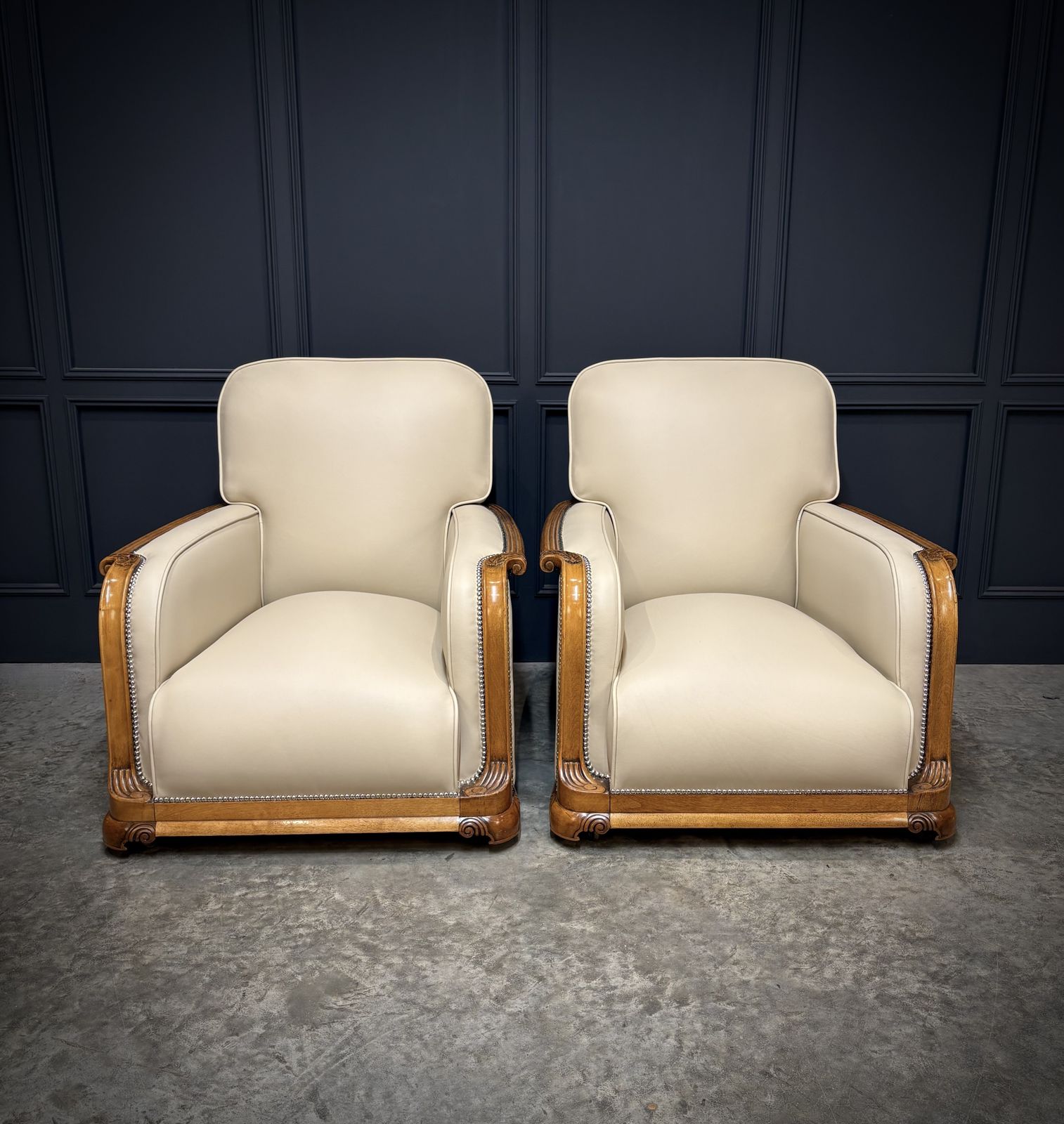 Pair Of Art Deco Walnut & Leather Armchairs photo 4750.0
