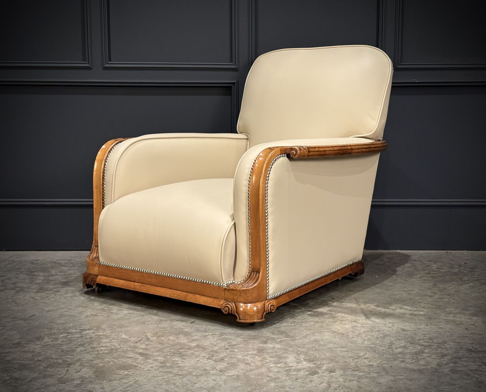 photo for sale Pair Of Art Deco Walnut & Leather Armchairs