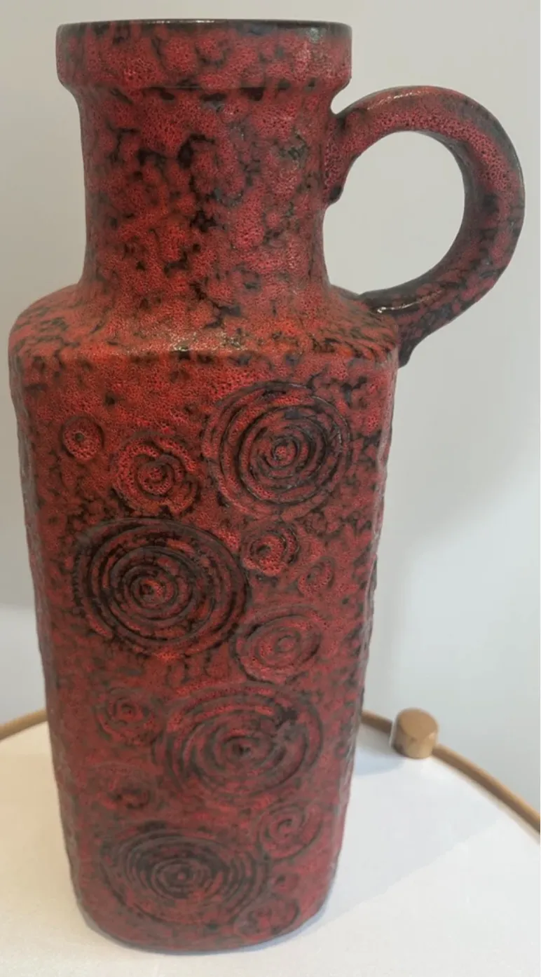 245.0 1970s German Fat Lava Scheurich Keramik Red & Black Handled "Jura" Pottery Vase photo