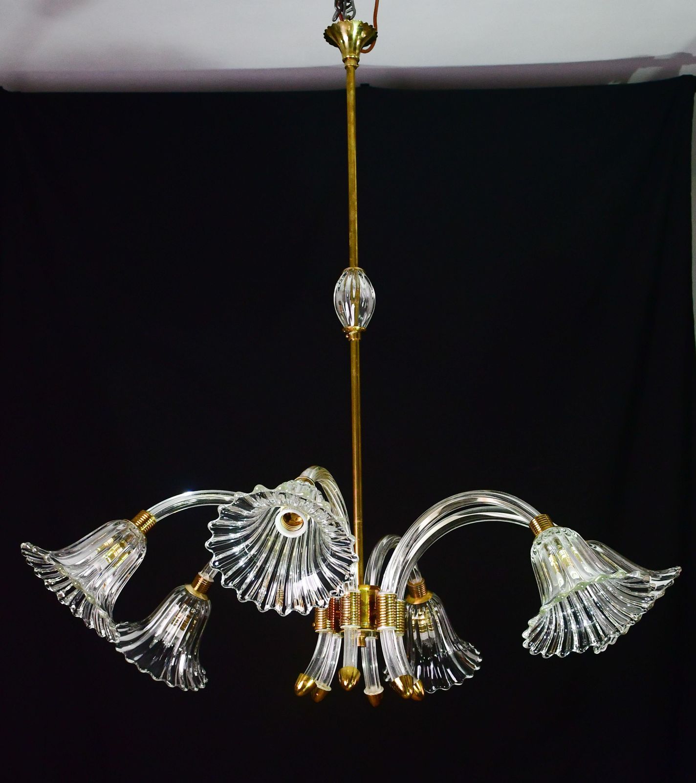 Amazing 6 Light Art Deco Murano Glass And Brass Chrome Chandelier By Barovier photo for sale
