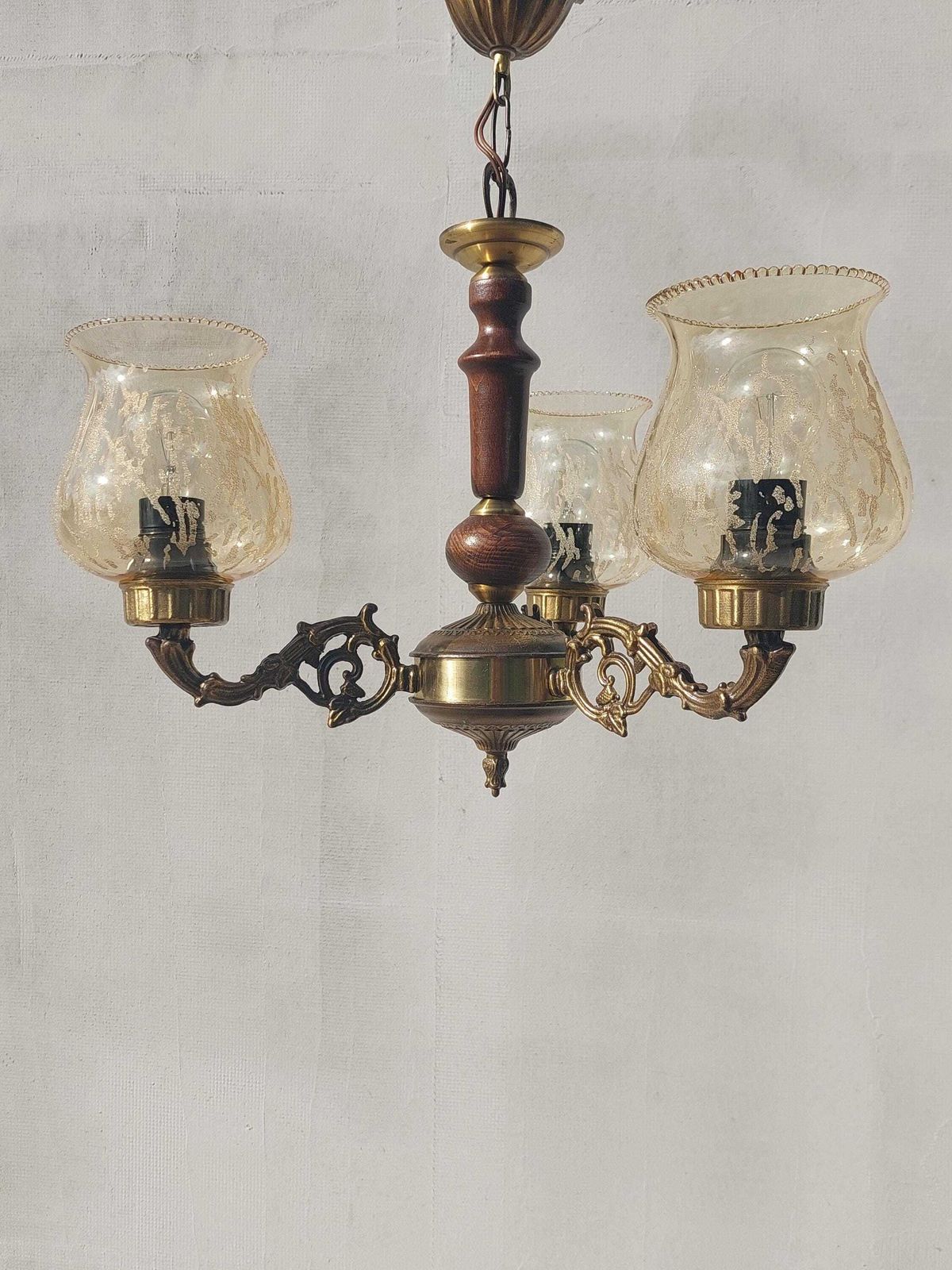Antique Brass And Wood Chandelier, Vintage 3 Light Ceiling Fixture With Amber Glass Shades, Retro Mid Century Lighting, 60's photo furniture