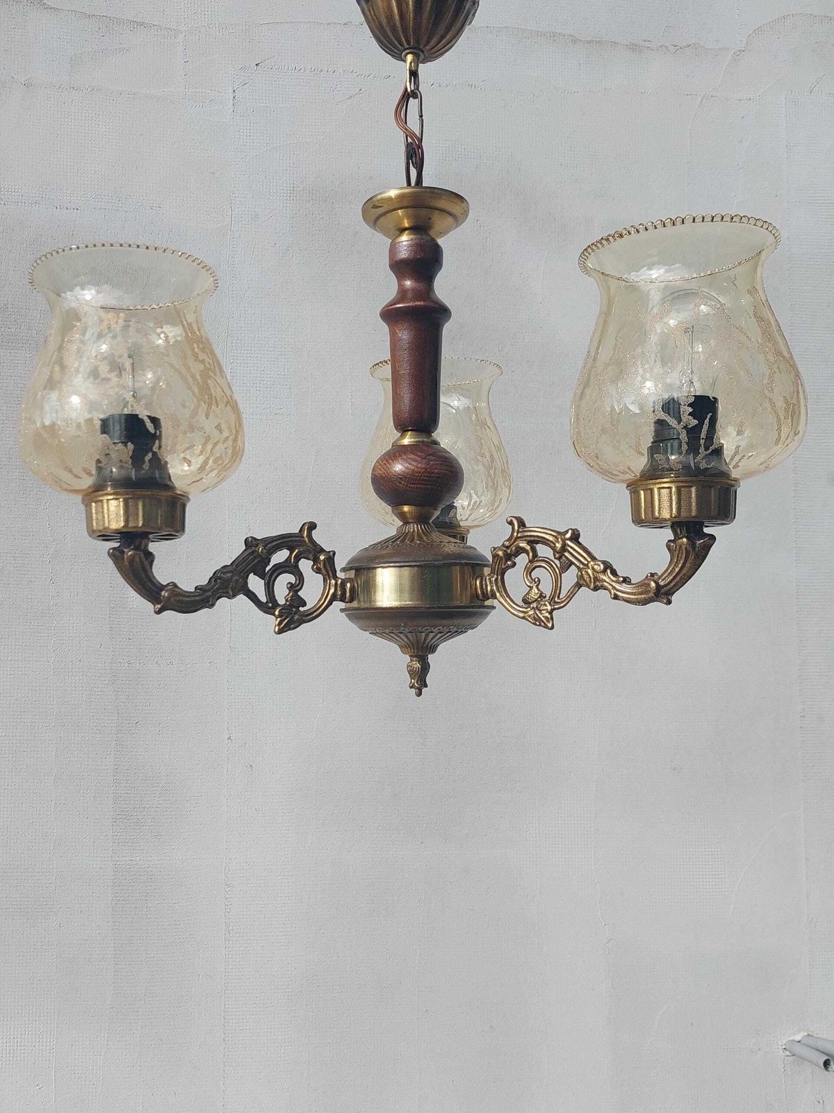 Antique Brass And Wood Chandelier, Vintage 3 Light Ceiling Fixture With Amber Glass Shades, Retro Mid Century Lighting, 60's photo vinterior