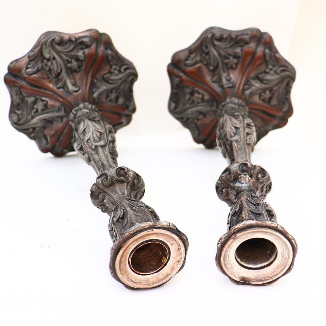 Antique Georgian Period Rococo Revival Copper And Silver Plated Candlesticks Holders Pair 8.2'' Tall photo for sale